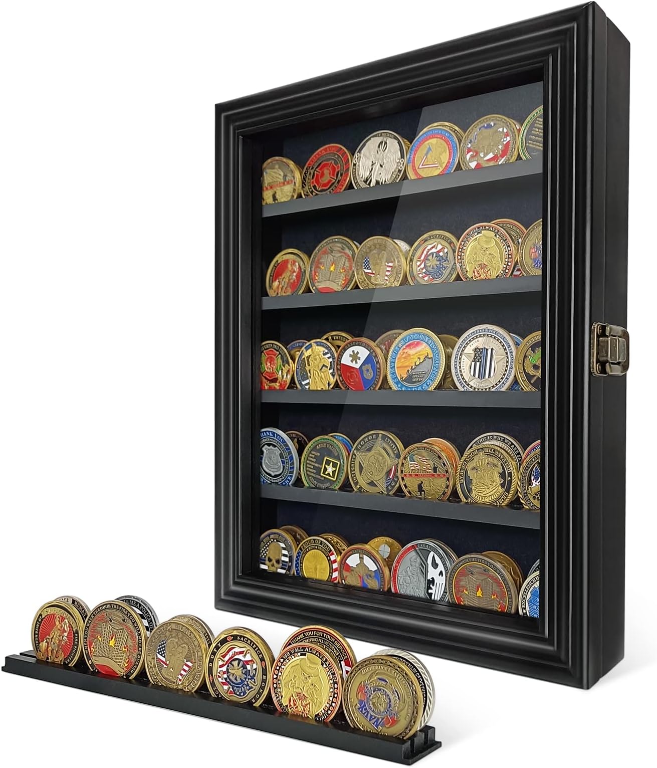 Challenge Coin Display Case Wall Mount Military Coin Holder Display Cabinet Rack Shadow Box Solid Wood Challenge Coin Frame with Removable Shelf HD Glass Door for Casino Poker Chip Collectibles, Black