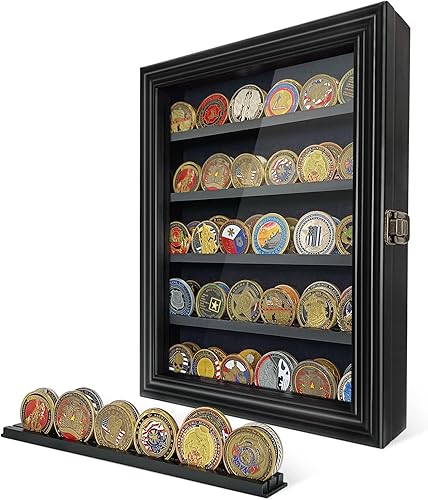Miniatura 8 de DecoWoodo Vitrina de monedas de desafío militar con puerta de vidrio HD, vitrina de 5 filas de medallas, gabinete con caja de sombra con 2 ranuras