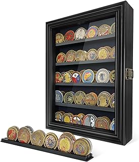 Military Challenge Coin Display Case with HD Tempered Glass - 5 Rows Medal Display Case Cabinet Rack Shadow Box with Removable 2 Grooves Shelves Poker Chips Coin Holder for Collectors, Black
