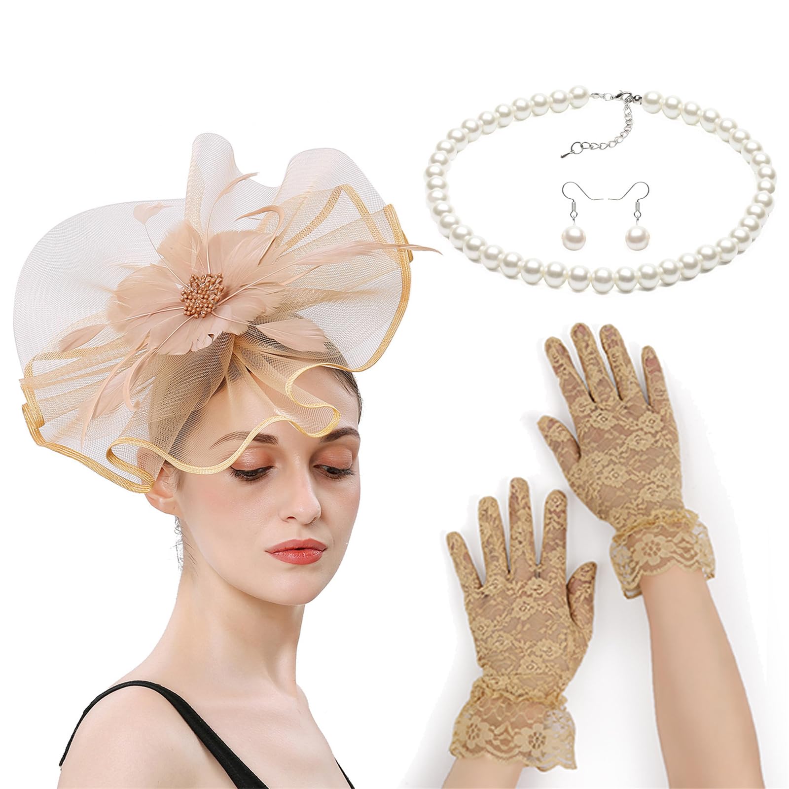 MICFENY 4IN1 Costume Tulle Hair Accessories Fascinator Hat Gloves Necklace Set For Horse Racing Event Formal Occasion Dressingup