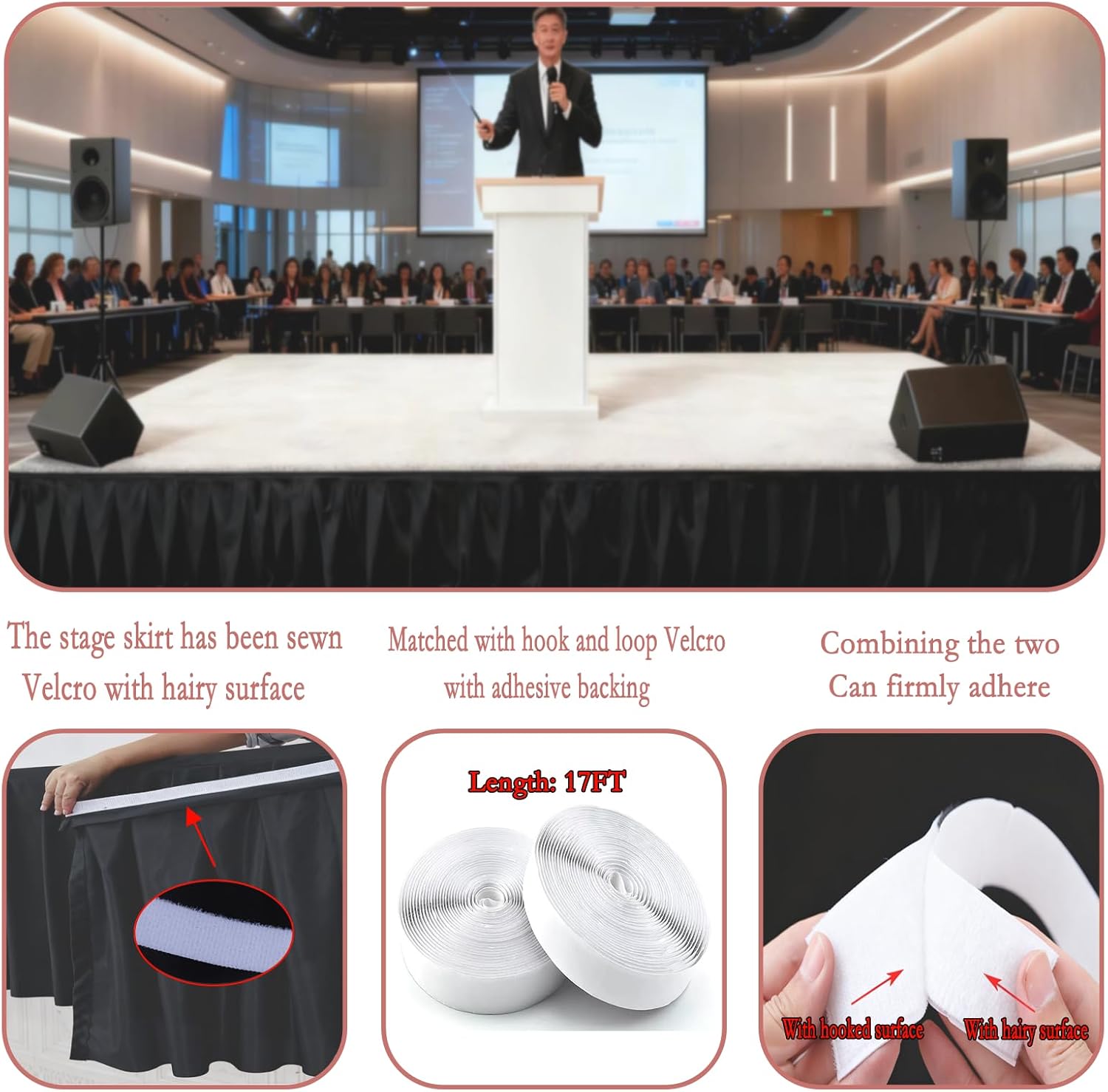 Black Stage Skirt Portable Wrinkle-Free Platform Skirting, Free Cutting Length, Satin Stage Skirting for Events, Performances, Wedding Staging and Party Decorations (17Ft ×29Inch)