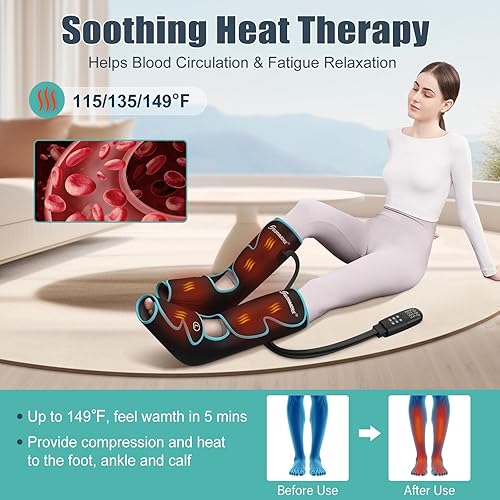 Miniatura 3 de SLOTHMORE Masajeador de piernas para circulación y alivio del dolor, masaje de pies de compresión de aire con 3 niveles de calor, 4 modos, 4 en 1,