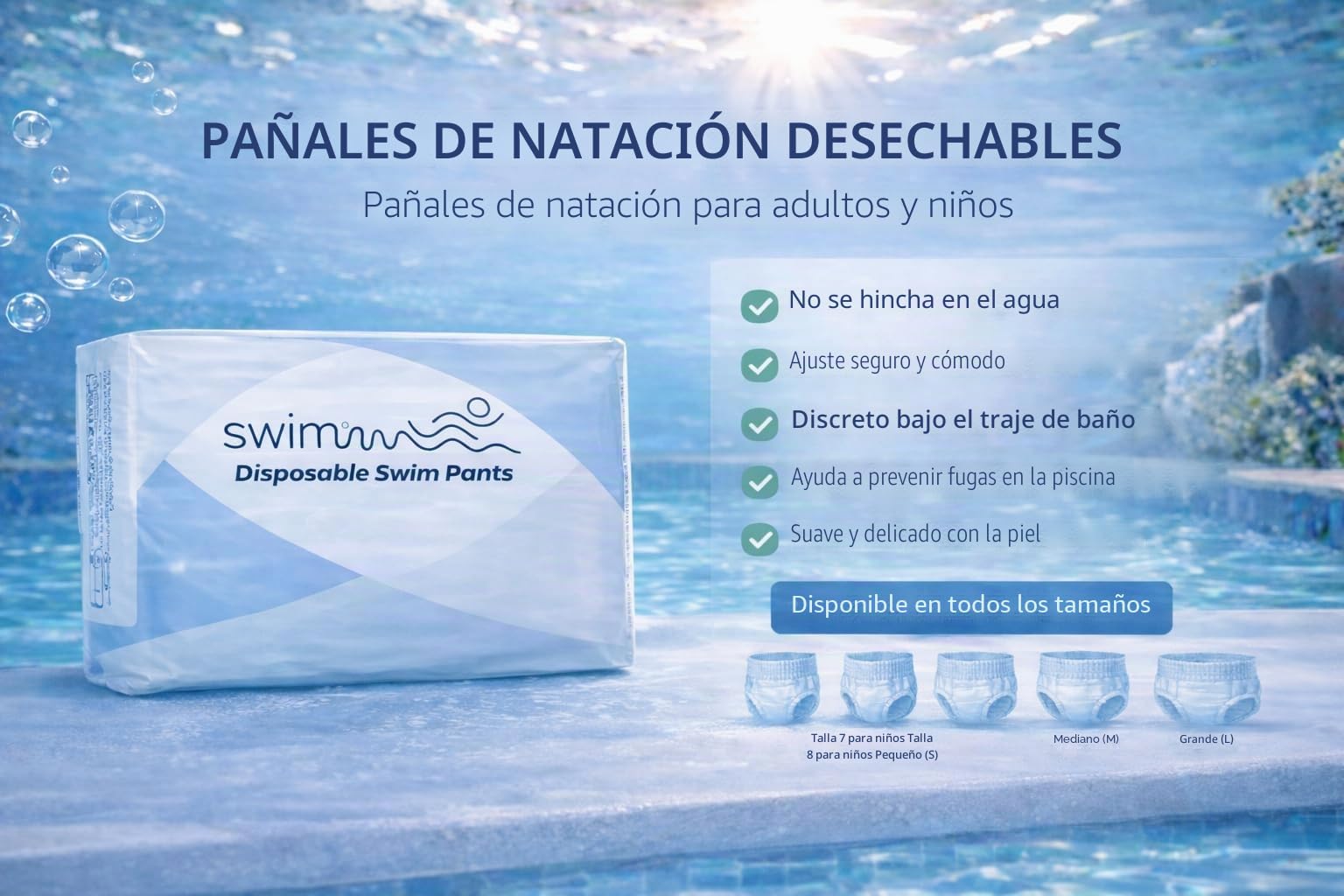 Pañales de natación desechables para niños – Talla 8 (28–42 kg) – 30 unidades – Discreto y Suave para la piel – Protección contra incontinencia fecal – Natación segura en el agua