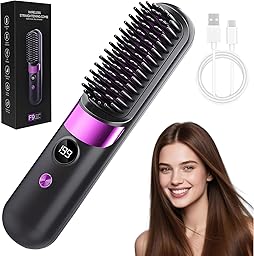 Hemioke Cordless USB Rechargeable Ionic Hair Straightener Brush, Anti Frizz Ceramic Heated Brush for Thick Curly Hair, Fast Heating Travel Hair Straightener Brush for Women