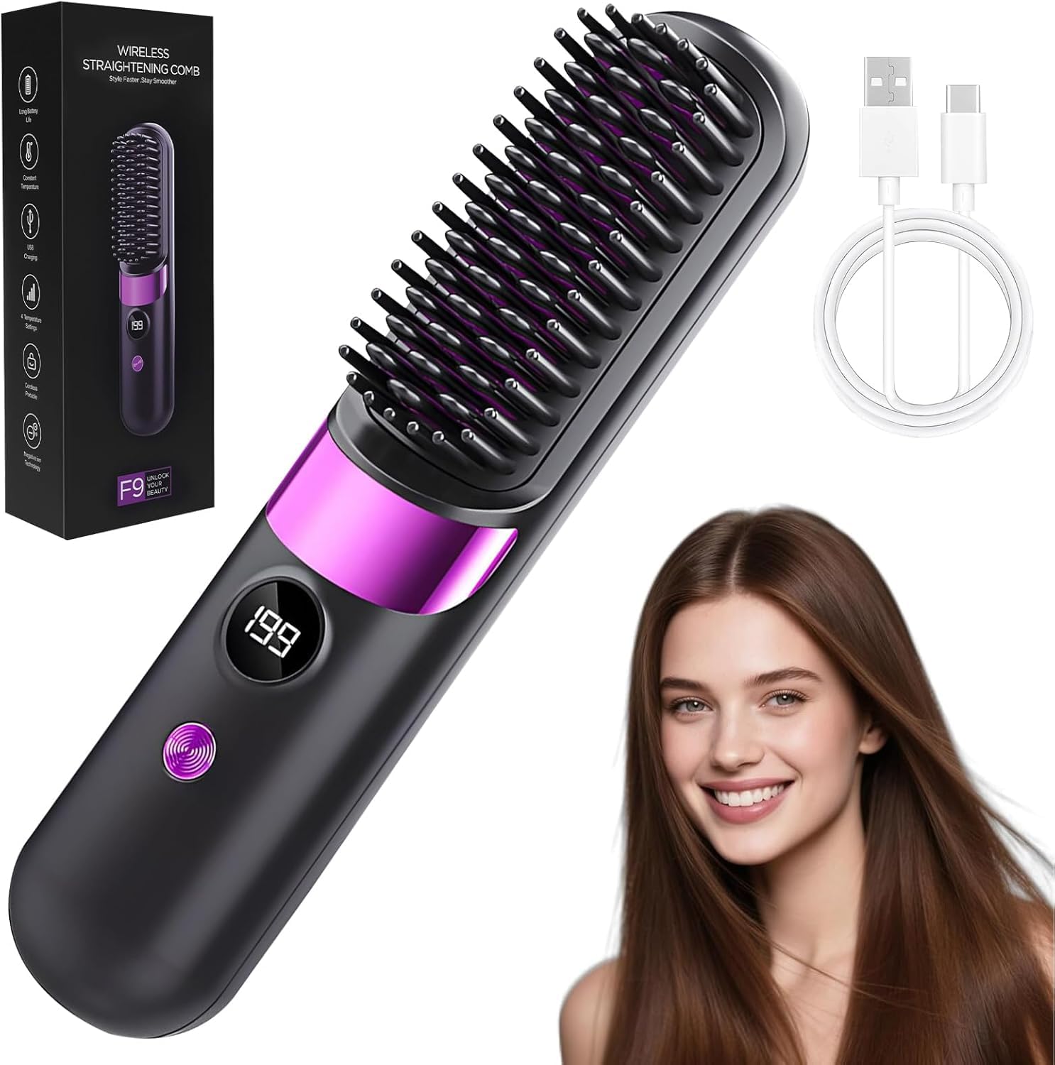 Cordless USB Rechargeable Ionic Hair Straightener Brush, Anti Frizz Ceramic Heated Brush for Thick Curly Hair, Fast Heating Travel Hair Straightener Brush for Women