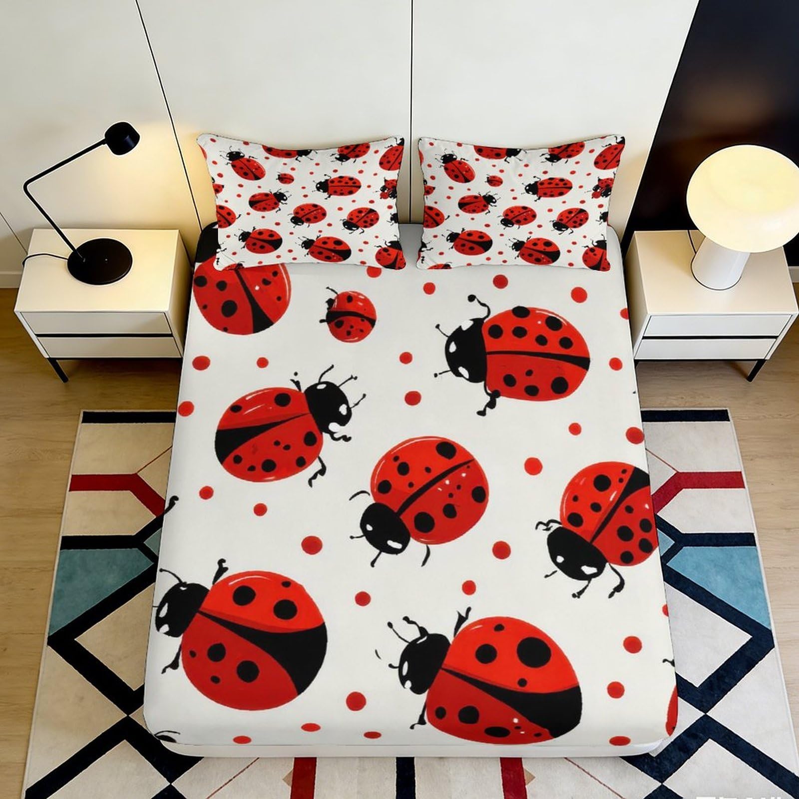 3D Printed Ladybug Pattern Fitted Sheet Microfiber Soft Red Black Polka Dot Mattress Cover for Bedroom Guest Room Decor 90x200x25cm