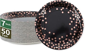 Black & Rose Gold Dots Party Paper Plates, 50 PCS Disposable Party Supplies Dessert Paper Plate for Birthday Wedding Graduation Supplies 7 inches