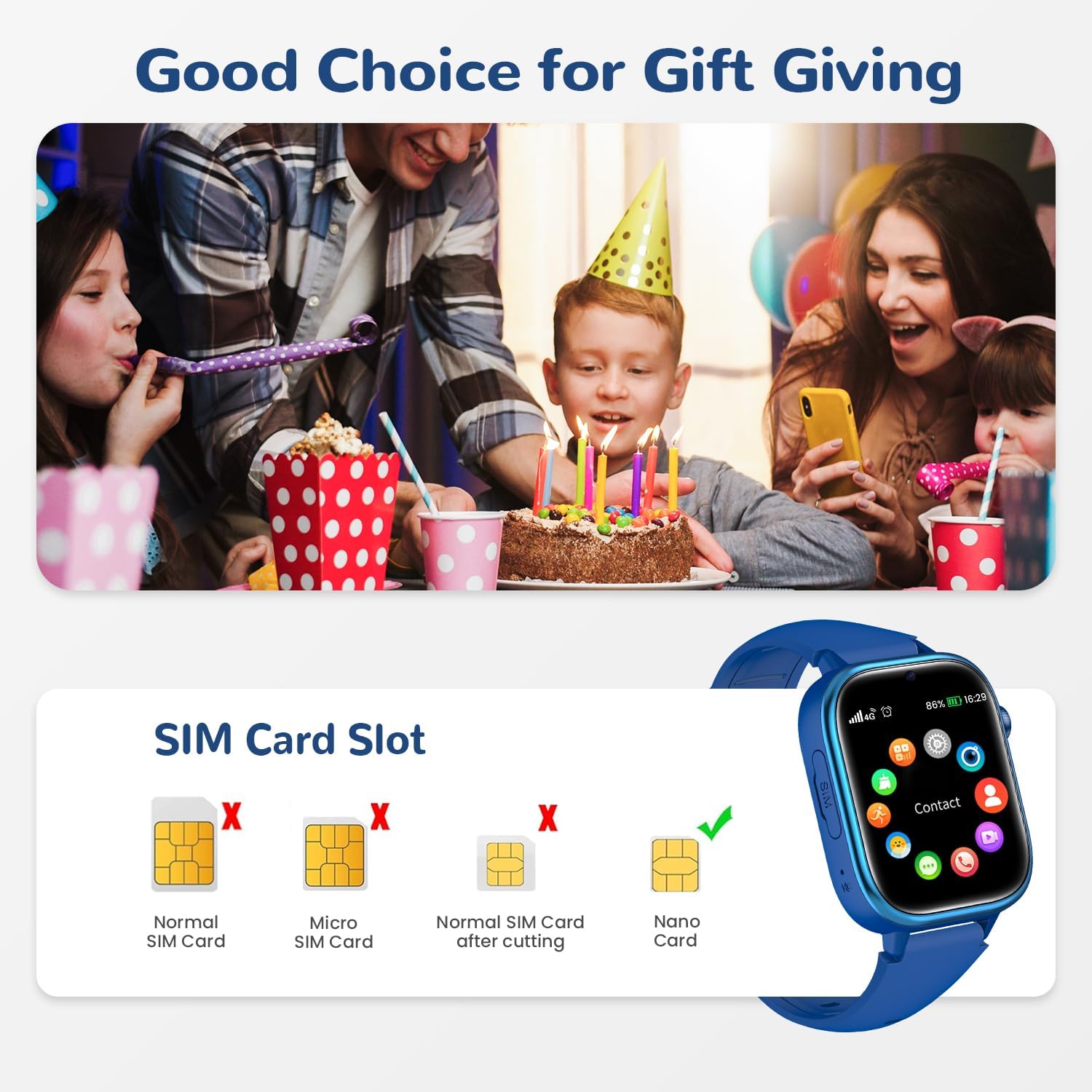 Diagram showing the correct Nano SIM card size for the smartwatch, rejecting normal and micro SIMs.