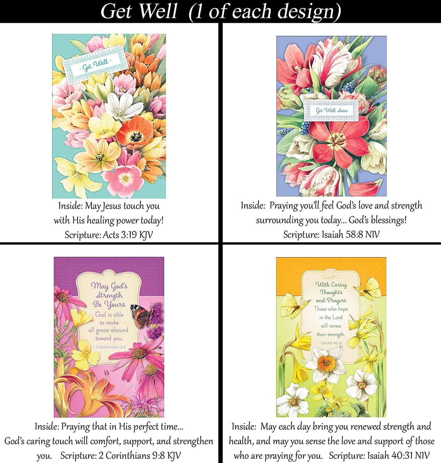 Get Well Cards ~ No Repeated Designs~ 32 Cards and Designs ~ Christian/Religious Greeting Card Assortment ~ Scripture in every card ~ Envelopes Included