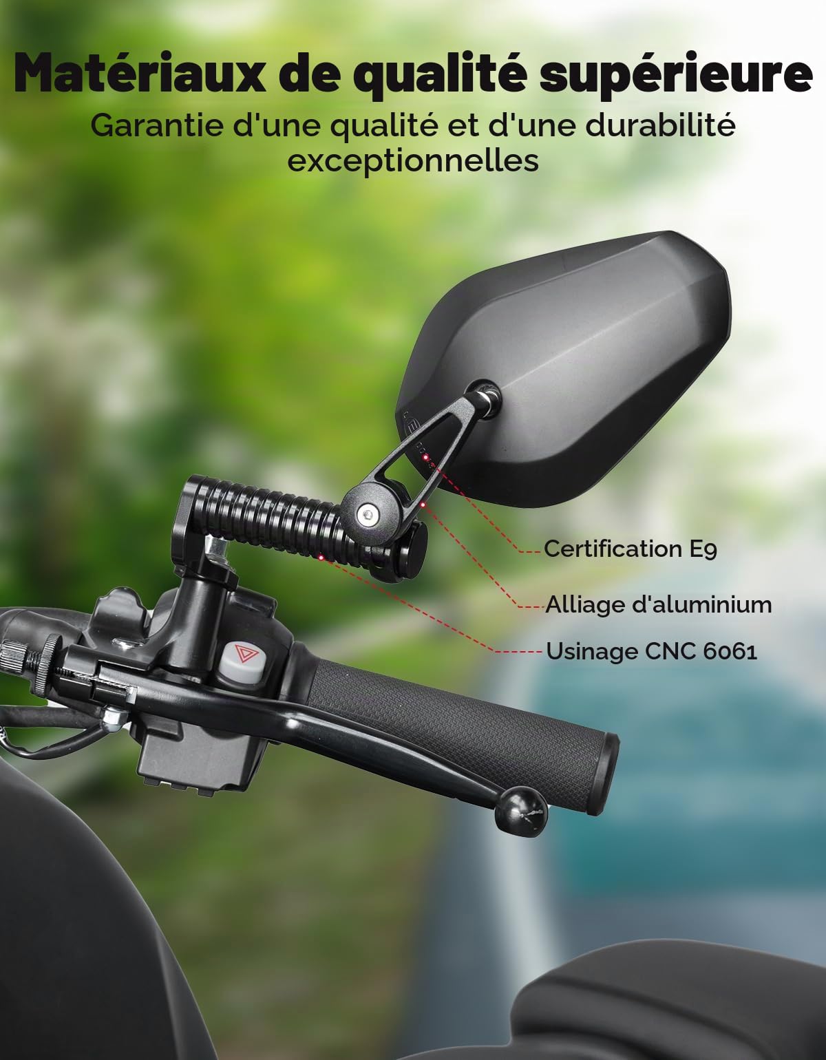 KEMIMOTO E9 Rétroviseurs Moto Homologués avec Extension CNC, Rétroviseur Universel M10, Compatibles avec les Cruisers et les Motos Route
