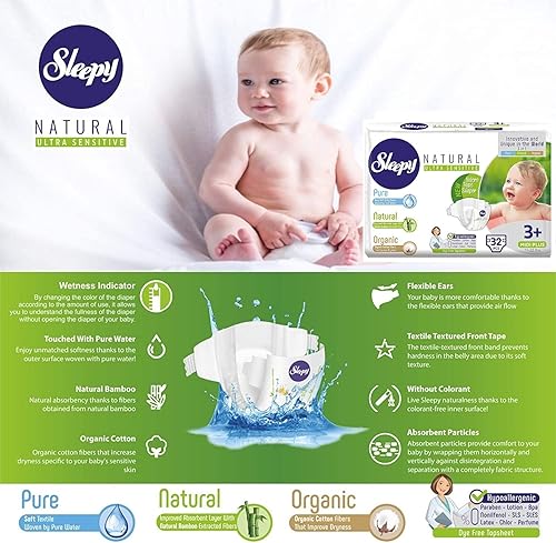 Miniatura 2 de SOHO  Pañales para bebé Sleepy Natural, hechos de algodón orgánico y extracto de bambú, máxima comodidad y sequedad, pañales desechables (talla 3 +)