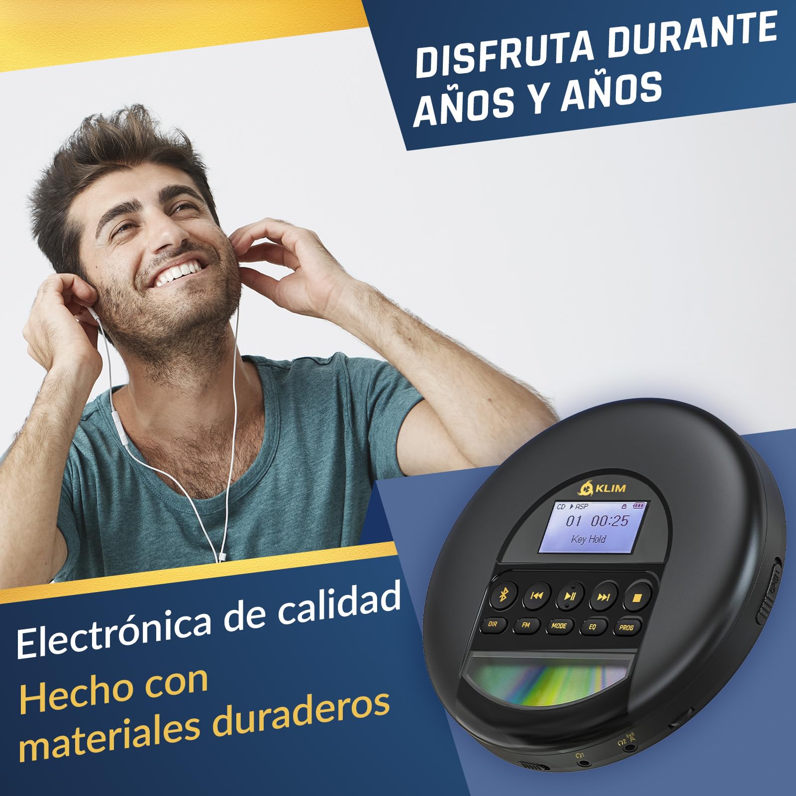 KLIM Nomad - Reproductor CD portatil con batería Interna de Larga duración - Nuevo - Auriculares KLIM Fusion - CD Player Mini Compacto - Radio FM Compatible con CD-R, CD-RW MP3 - Or