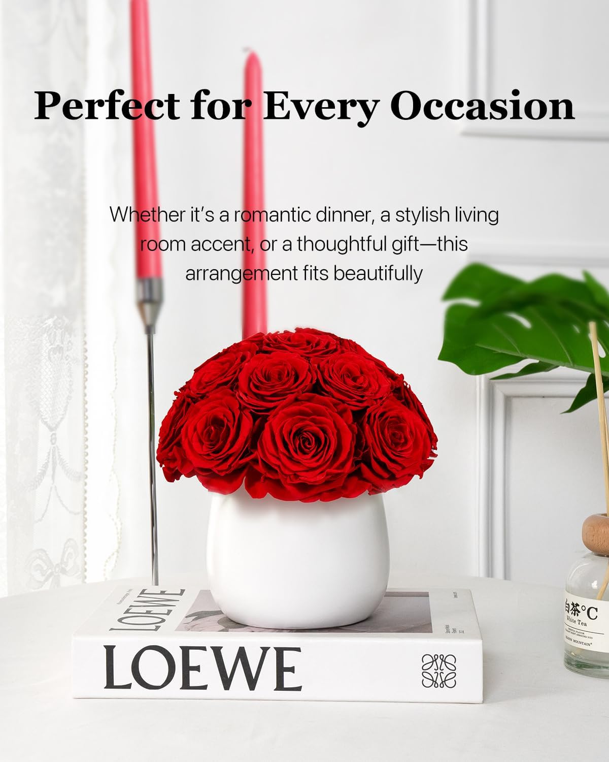 JoyFlower Preserved Flowers Vase Ceramic Decor, Eternal Flower Vases for Centerpieces, Forever Flower Decorations for Home Party Wedding Table Living Room, Ceramic Flower Vase House Decors(Red) - Image 4