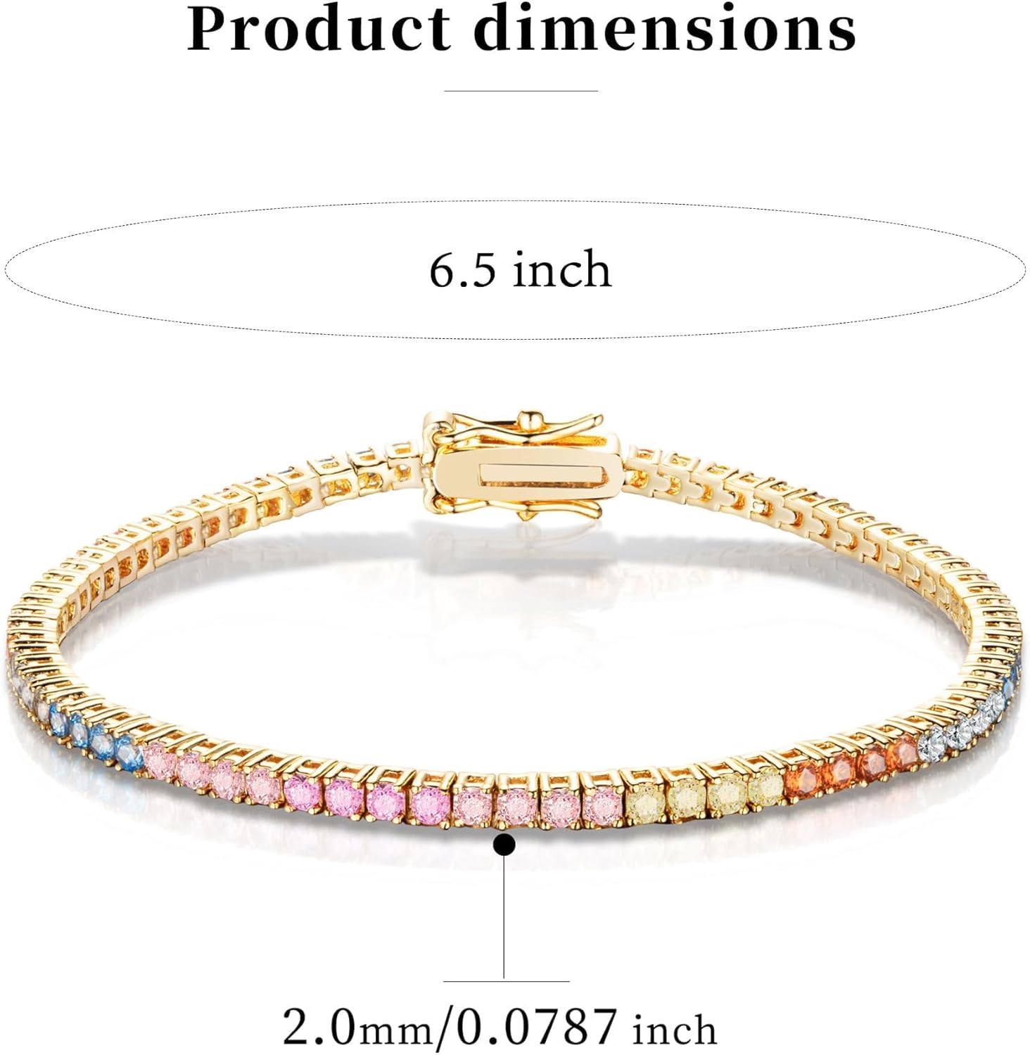 MDFUN 2mm Tennis Bracelet for Women, Colorful Cubic Zirconia 14K Gold Plated Bracelet, Rainbow Round Cut CZ Tennis Link Trendy Jewelry Gift, Size 6.5-7 Inch - Image 4