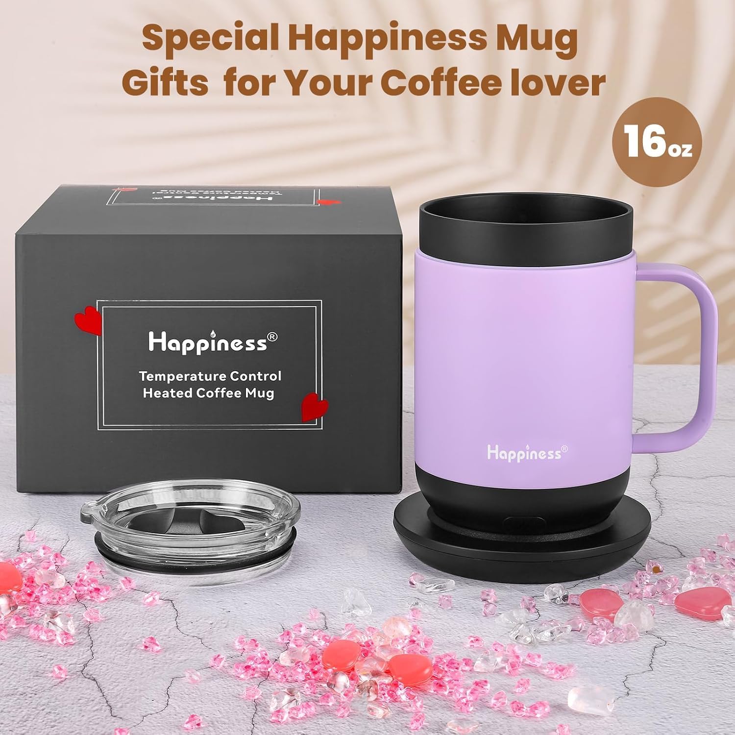 Happiness Smart Heated Coffee Mug,16oz Rechargeable Electric Self Heating Temperature Control Coffee Cup,Gifts for Mom Dad Grandma Wife