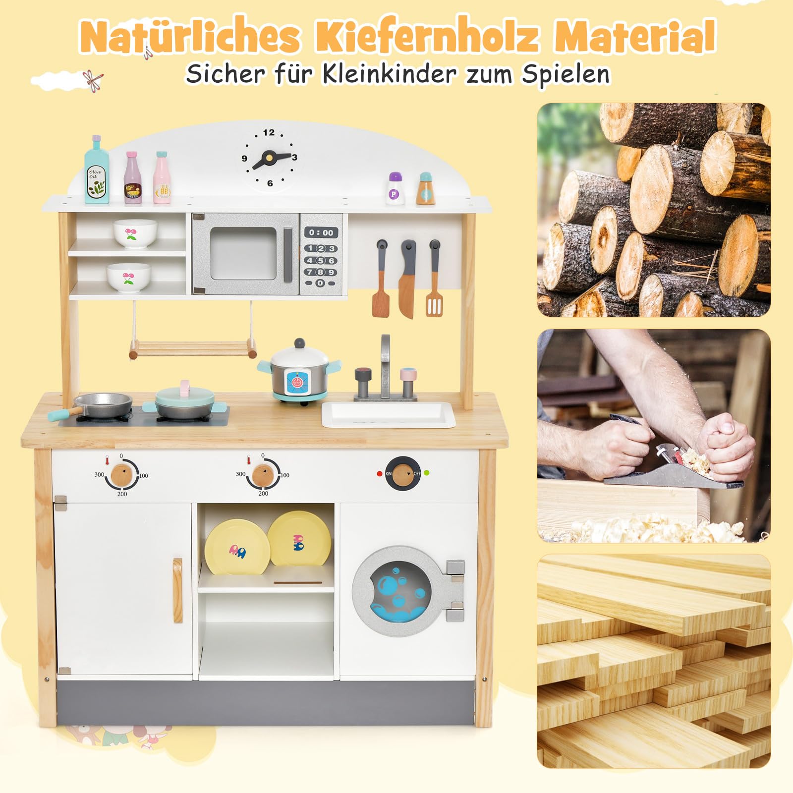 DREAMADE Kinderküche mit 17 TLG. Zubehör, Miniküche Kinderspielküche mit Spülbecken Wasserhahn Herd Mikrowelle, Spielküche Holz für Jungen und Mädchen ab 3 Jahren