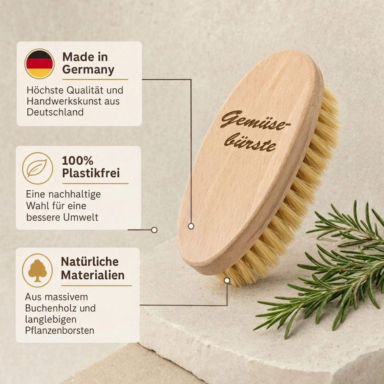 Brosse à légumes en bois de hêtre avec poils naturels durable pour laver légumes et fruits