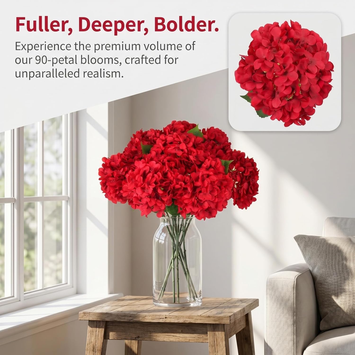 20 Fiori Artificiali di Ortensia Rossa da 22 Pollici per Decorazioni Domestiche, Centrotavola per Matrimoni, Feste di Compleanno - Composizioni Floreali Artificiali con Steli Blue
