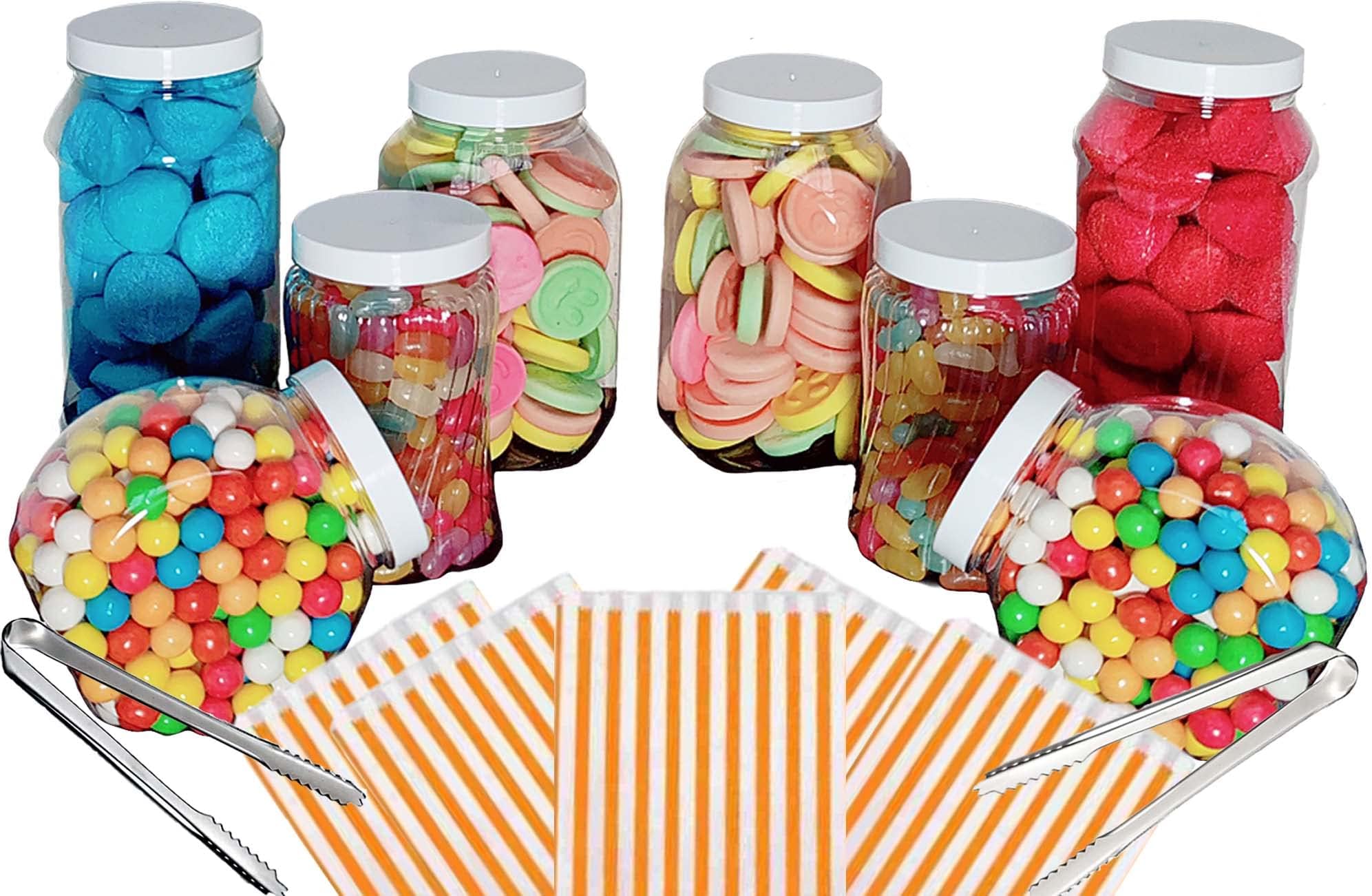 8 Empty Plastic Sweet Jars with white lid, 2 tongs and 50 bags, 11 colours to choose from - Simply add sweets to create your sweet table (Orange)