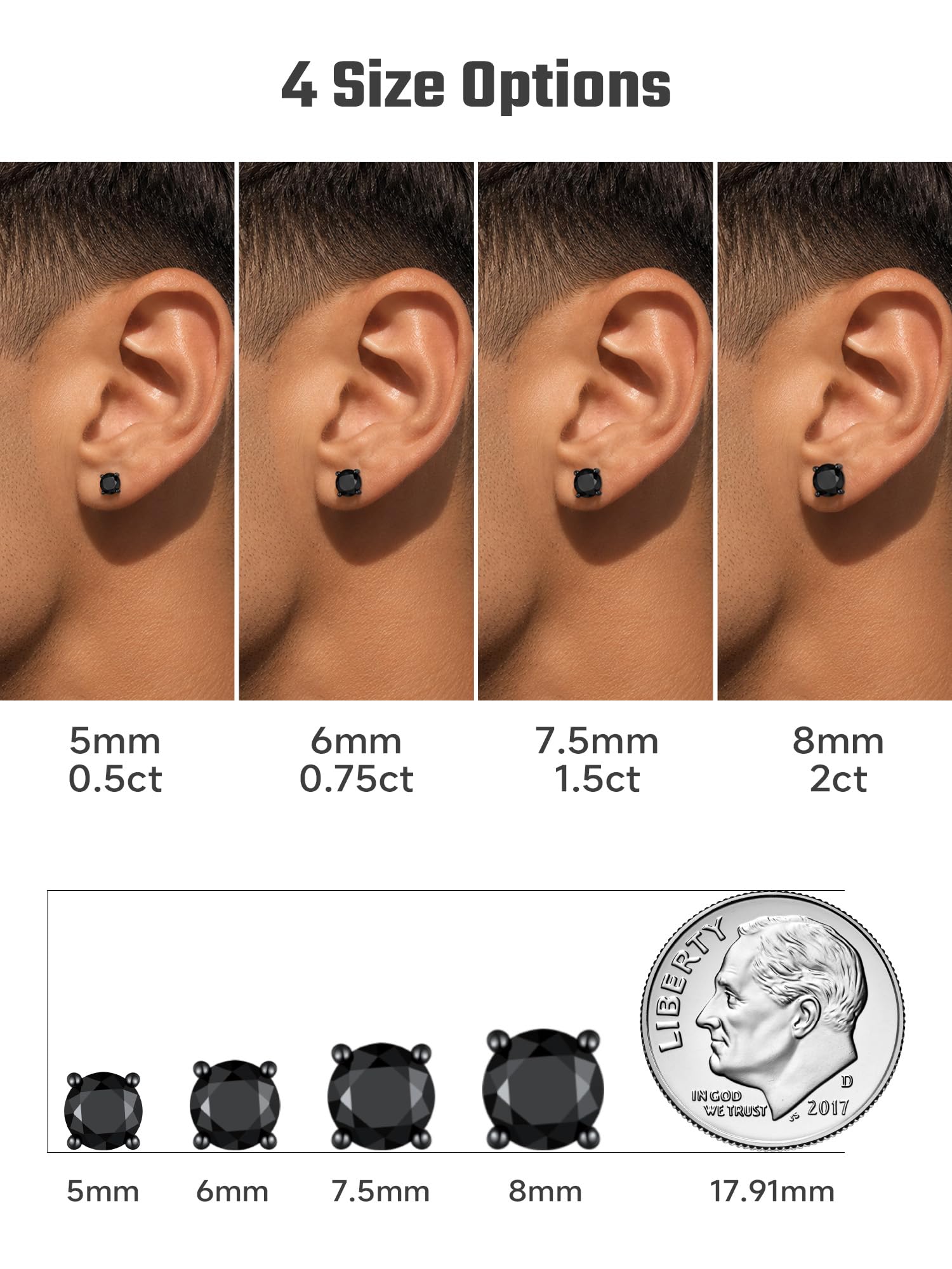 JustBeingCute - Pendientes de tuerca de plata de ley 925 con circonita cúbica negra para hombres y mujeres, hipoalergénicos, joyería de diamantes de imitación para regalos, 5-8 mm