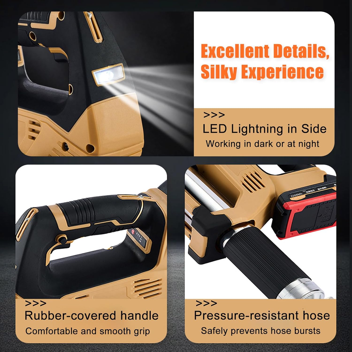 Cordless Grease Gun with Battery & Case, 10000PSI Battery-Powered Electric Grease Gun, 3-Speed, 12" Hose, LED Light, Ideal for Automotive, Truck, Tractor, Heavy Machinery Greasing 21V Tool