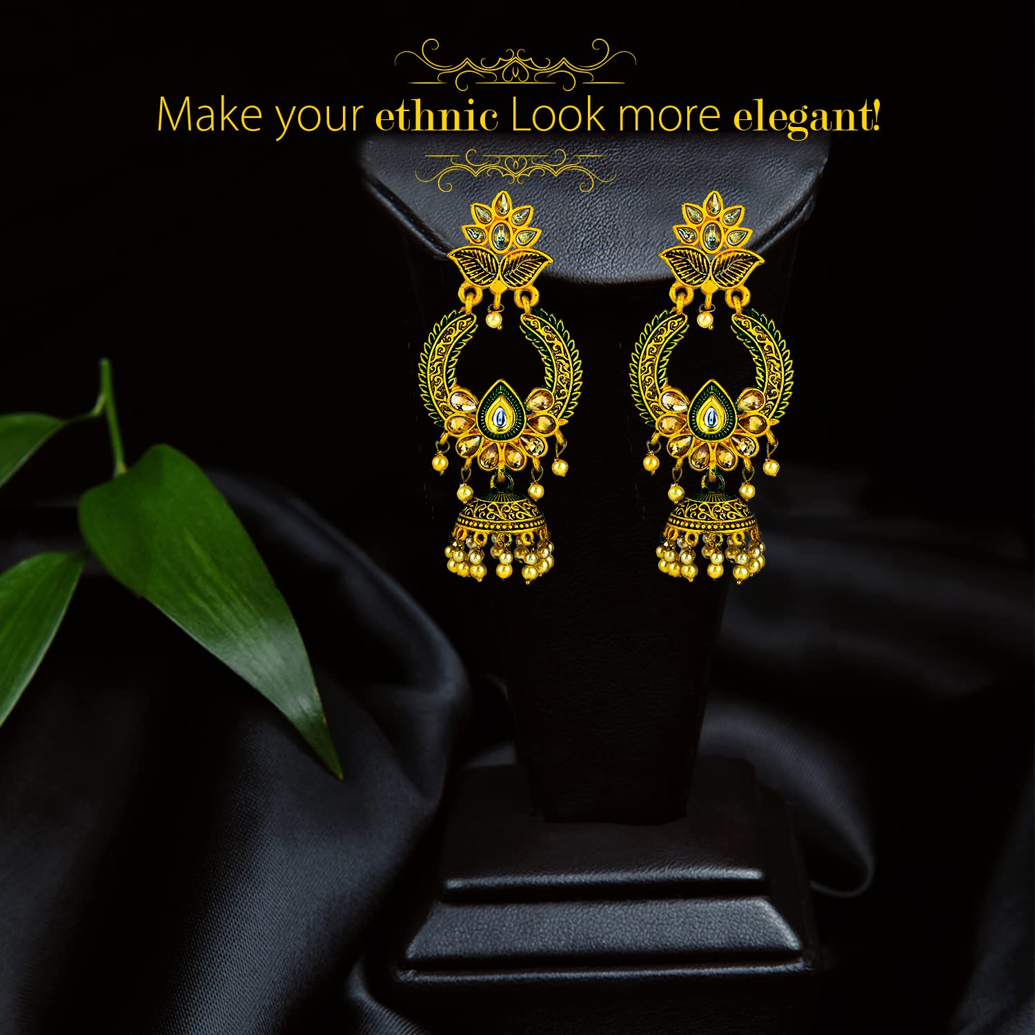 Golden Green Shade Flower Drop Earrings Traditional Ethnic Earpieces