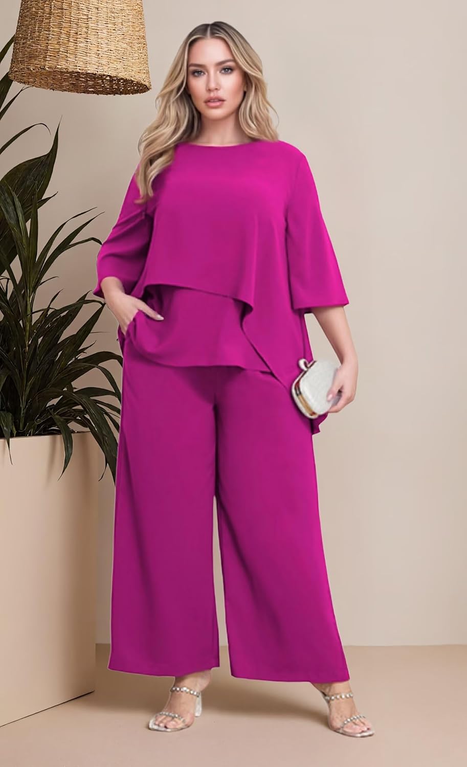 2 Pieces Mother of The Bride Pant Suits Plus Size Chiffon 3/4 Sleeve Ruffle Wedding Formal Party Outfit