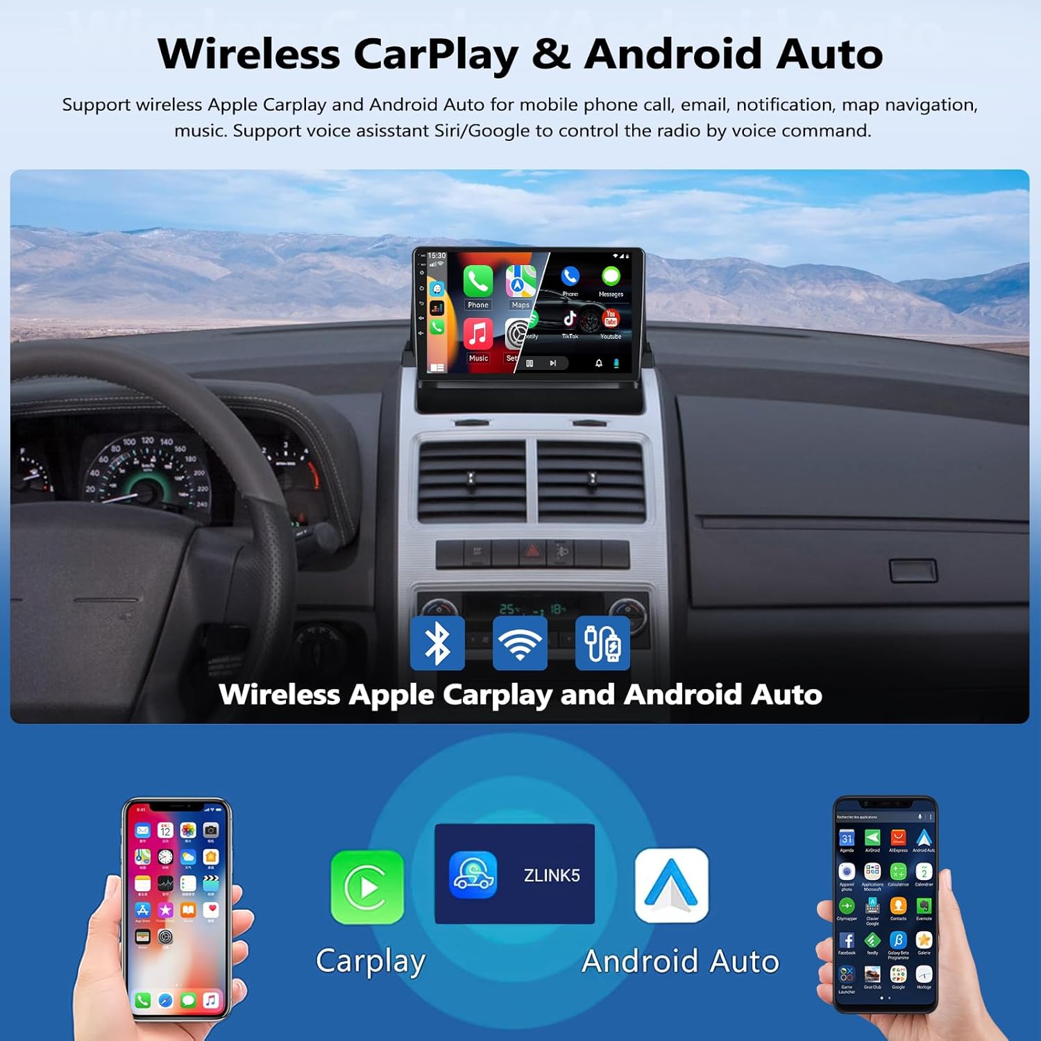 2G+64G Car Stereo Radio for Dodge Journey 2009 2010 2011 with Wireless CarPlay Android Auto Android 13 Head Unit 9" Touchscreen Car Radio with WiFi/GPS Bluetooth FM/RDS Radio AHD Backup Camera