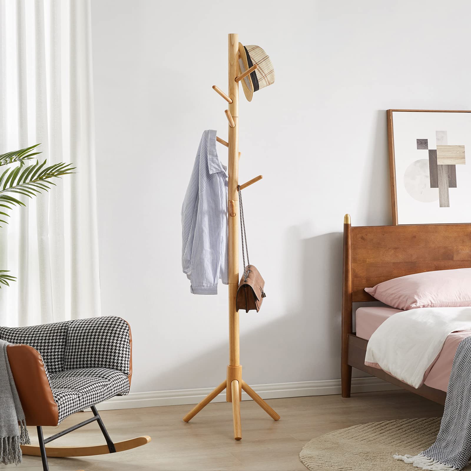 YMYNY Portemanteau en Bois, Portant à Vêtements avec 8 Crochets, Portemanteau sur Pieds, Assemblage Facile, pour Chapeau, Vêtements, Sac à Main, Foulards, parapluie Couleur Bois HRF-1193