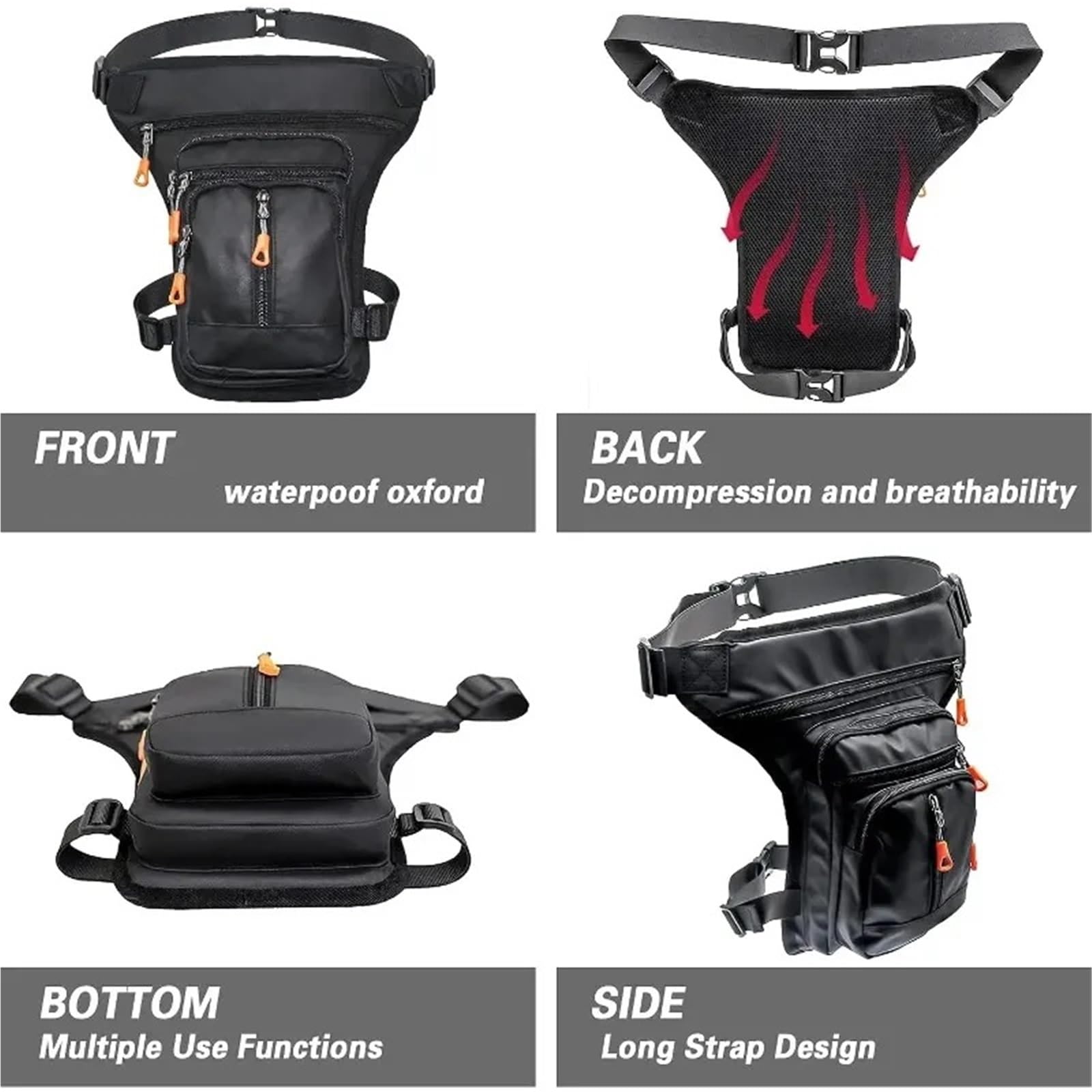 Pernera Moto Bolsa de Muslo for Motocicleta, Bolsa de Pierna for Mujeres y Hombres, con Correa for la Pierna, Monedero extraíble for Viajes, Senderismo, Escalada y Actividades al Aire Libre.(Black 1)