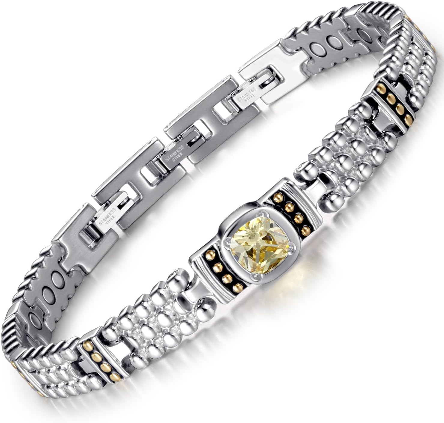 RainSo Magnetic Bracelets for Women Elegant Yellow Gemstone Inlaid Stainless Steel 3500 Gauss with Sizing Tool Gift Box Adjustable (Silver)