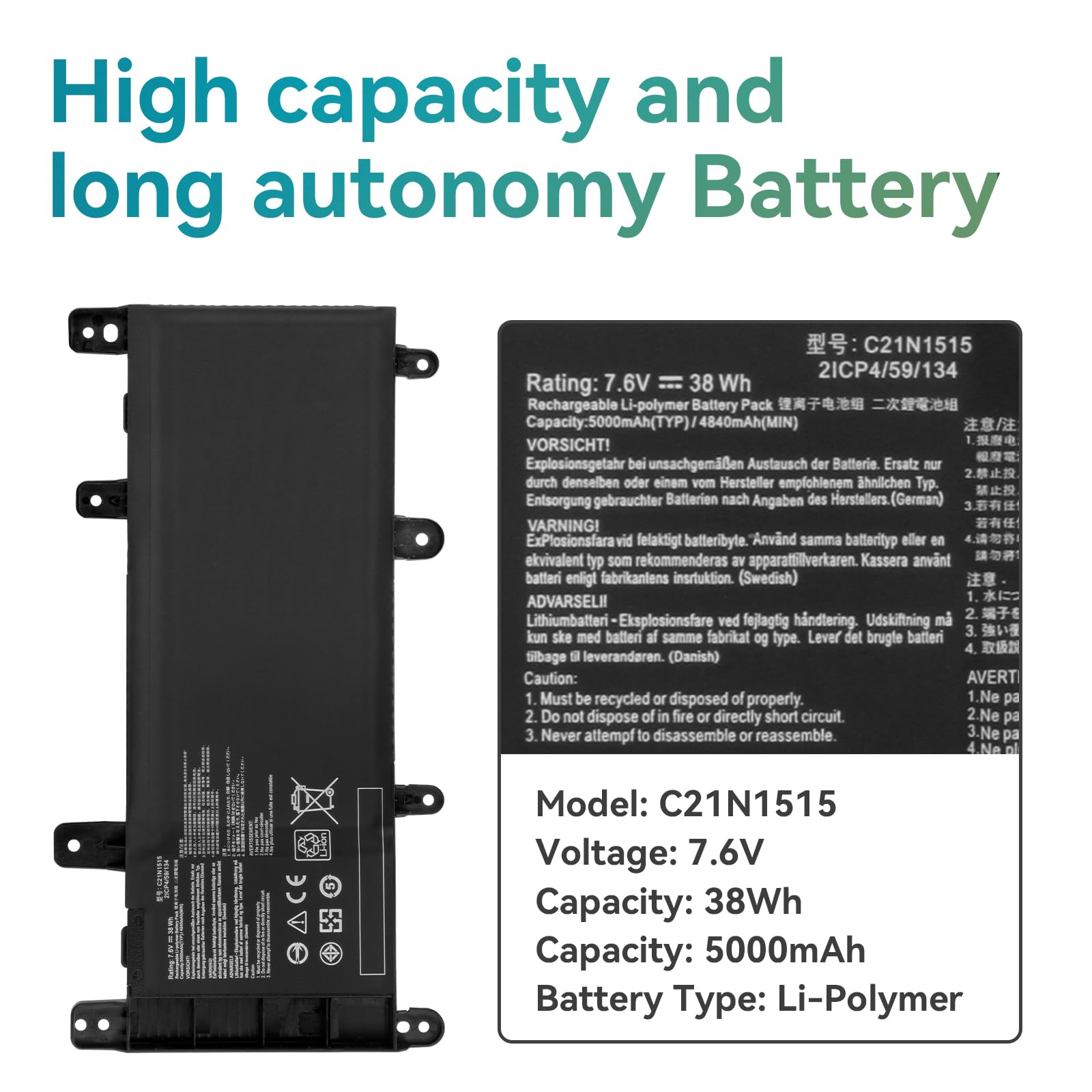 K KYUER 38Wh C21N1515 Batterie pour ASUS X756U X756UA X756UB X756UJ X756UX X756UQ X756UV X756UW X756UXM R753U R753UA R753UB R753UJ R753UQ R753UV R753UX R753UW K756U K756UB K756UJ K756UQ K756UV K756UX