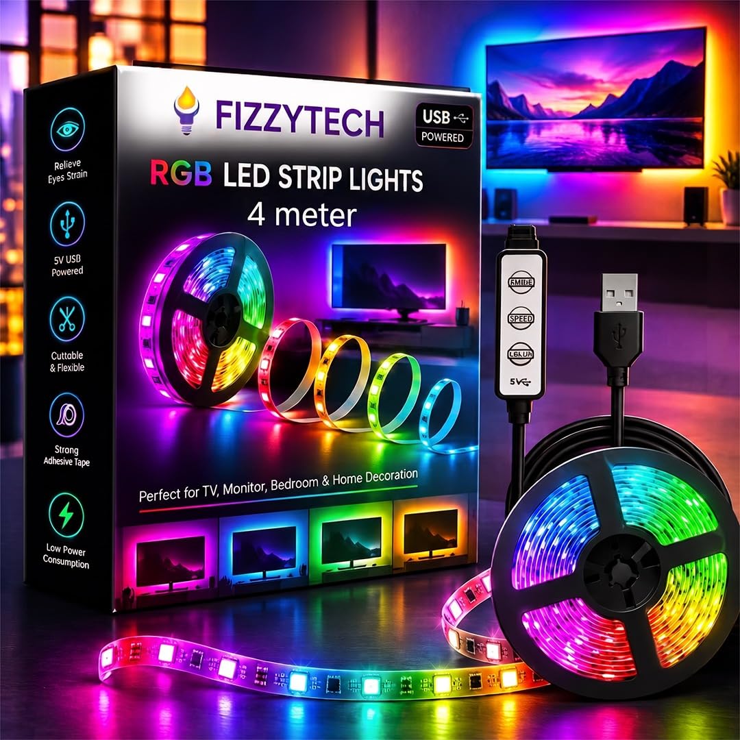 fizzytech USB 5V 5050 RGB LED Strip Light, 4 Meter with Mini Controller, Multicolour TV Backlight for 55 Inch and Above TV, PC & Laptop