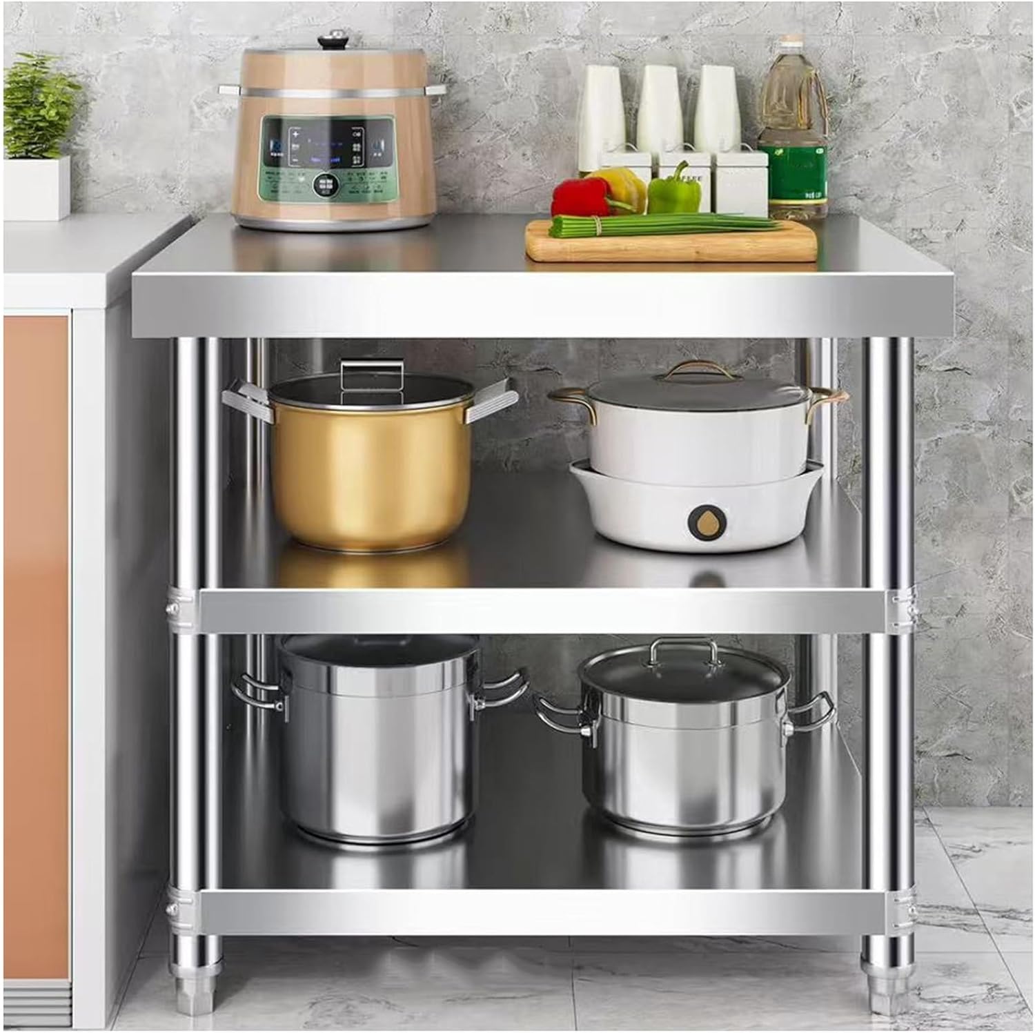 Thickened Three-layer Stainless Steel Workbench Kitchen Prep Table Chopping Table Open Storage Shelf Sturdy Metal Table(23.6 * 23.6 * 31.5in)