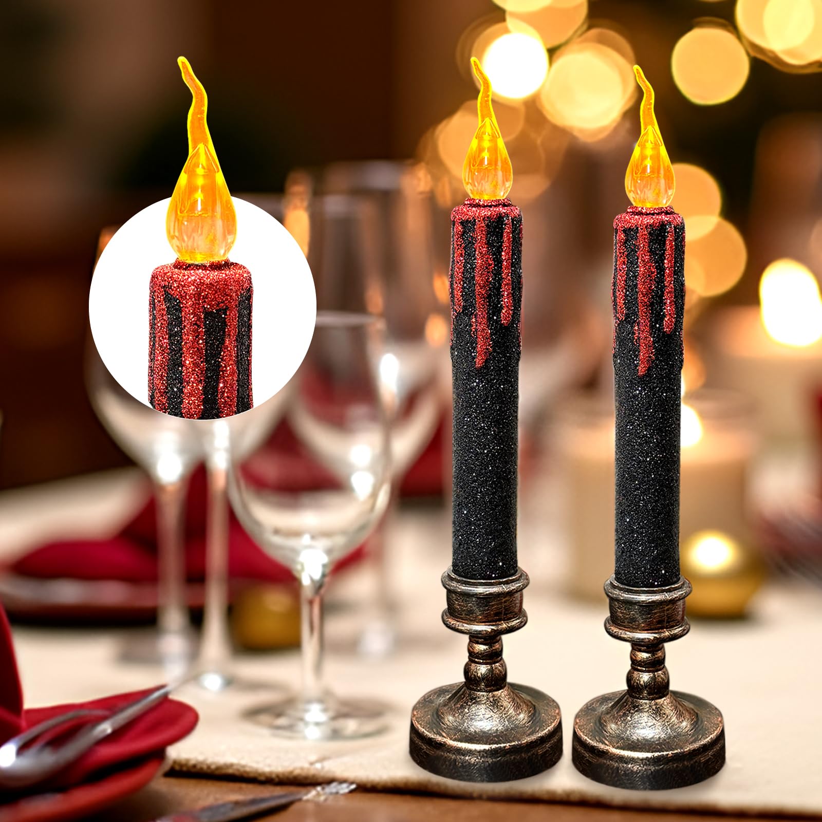 TINYOUTH 2PCS 25CM Large LED Candles for Halloween Christmas, Black Glitter Table Candles Light Batteries Included for Wedding Party Anniversary Engagement Decoration
