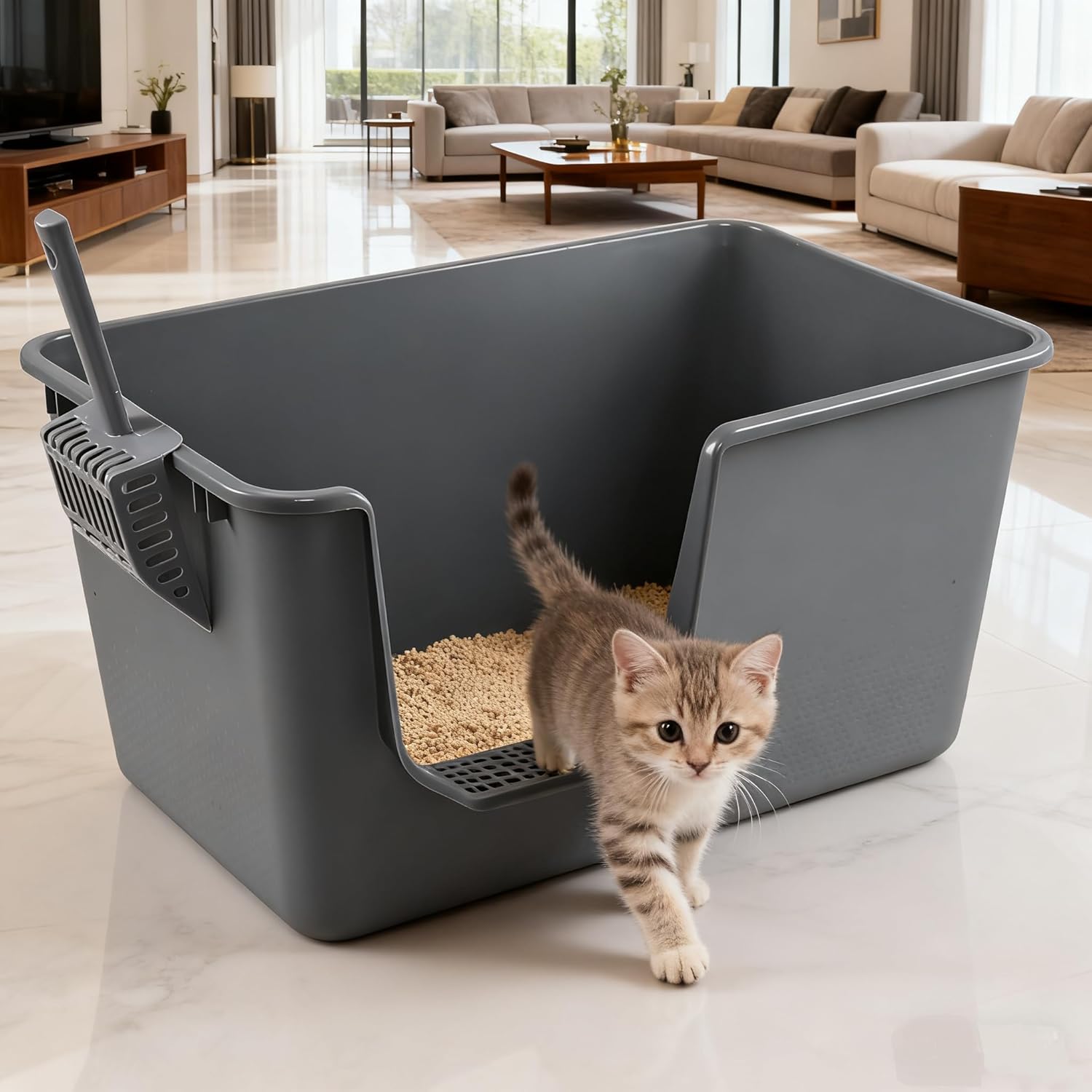 Set of 4 Extra Large Cat Litter Box, Low Entry Senior Litter Pen for Geriatric Kitty Big Cats, Open Top Cat Litter Tray with Scoop, Grey