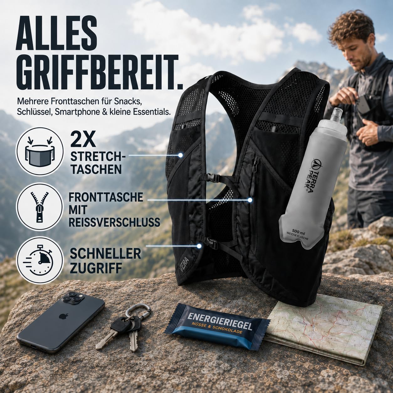Terra Peak® VENA Laufweste 500ml Trinkflasche - Trinkweste Trinkrucksack Laufen Damen Herren S/M Schwarz Reflektierend - Trail Running Vest Hydration Pack mit Trinkblase-Fach, Stockhalter