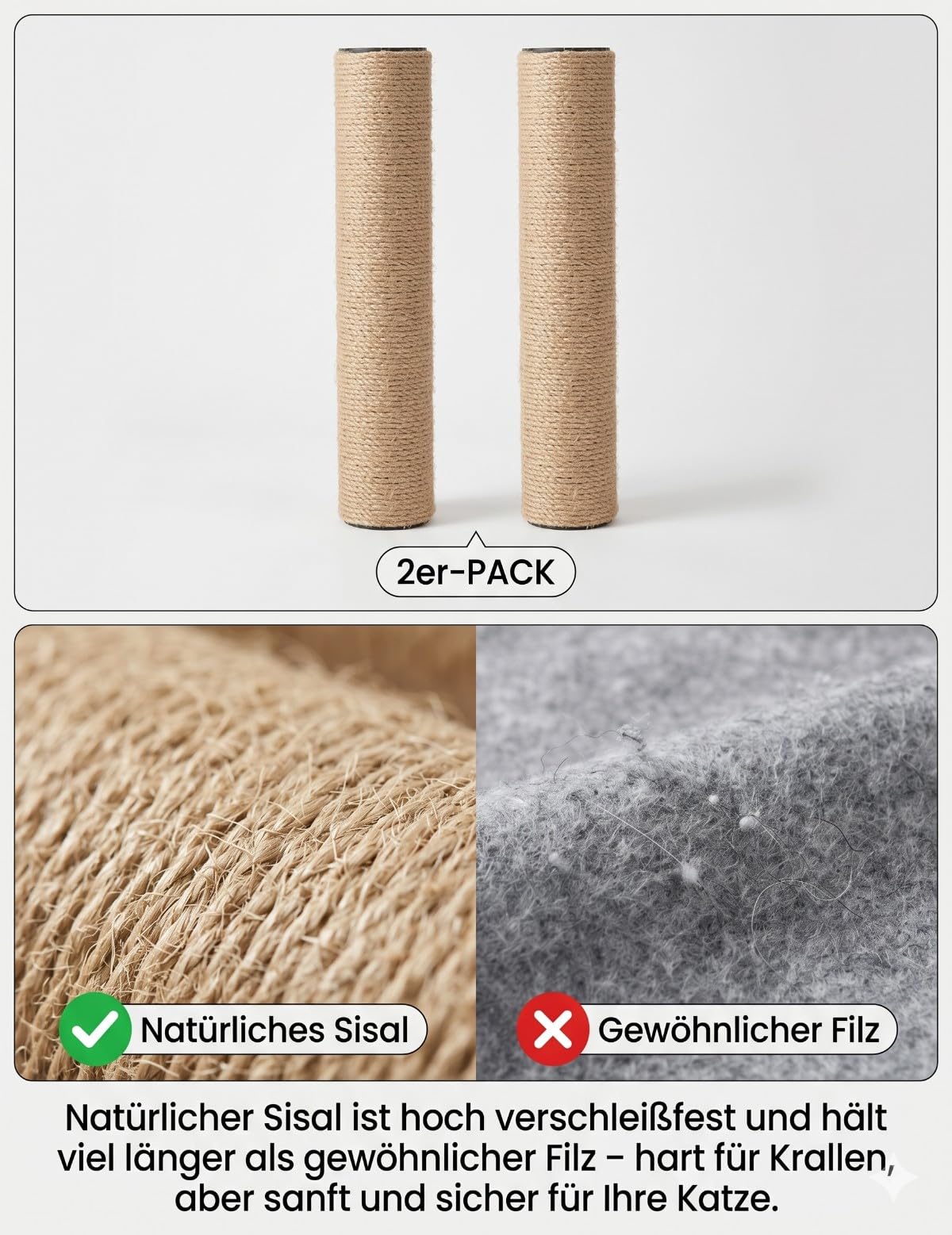 kratzbaum ersatzstamm M8 sisalstamm katzenbaum ersatzteil 2er | Zwei dicke Natursisal-Säulen für Katzenmöbel. Passend für Ø 8cm Zylinder & M8 Schraubgewinde. Robustes sisalseil zum Basteln.