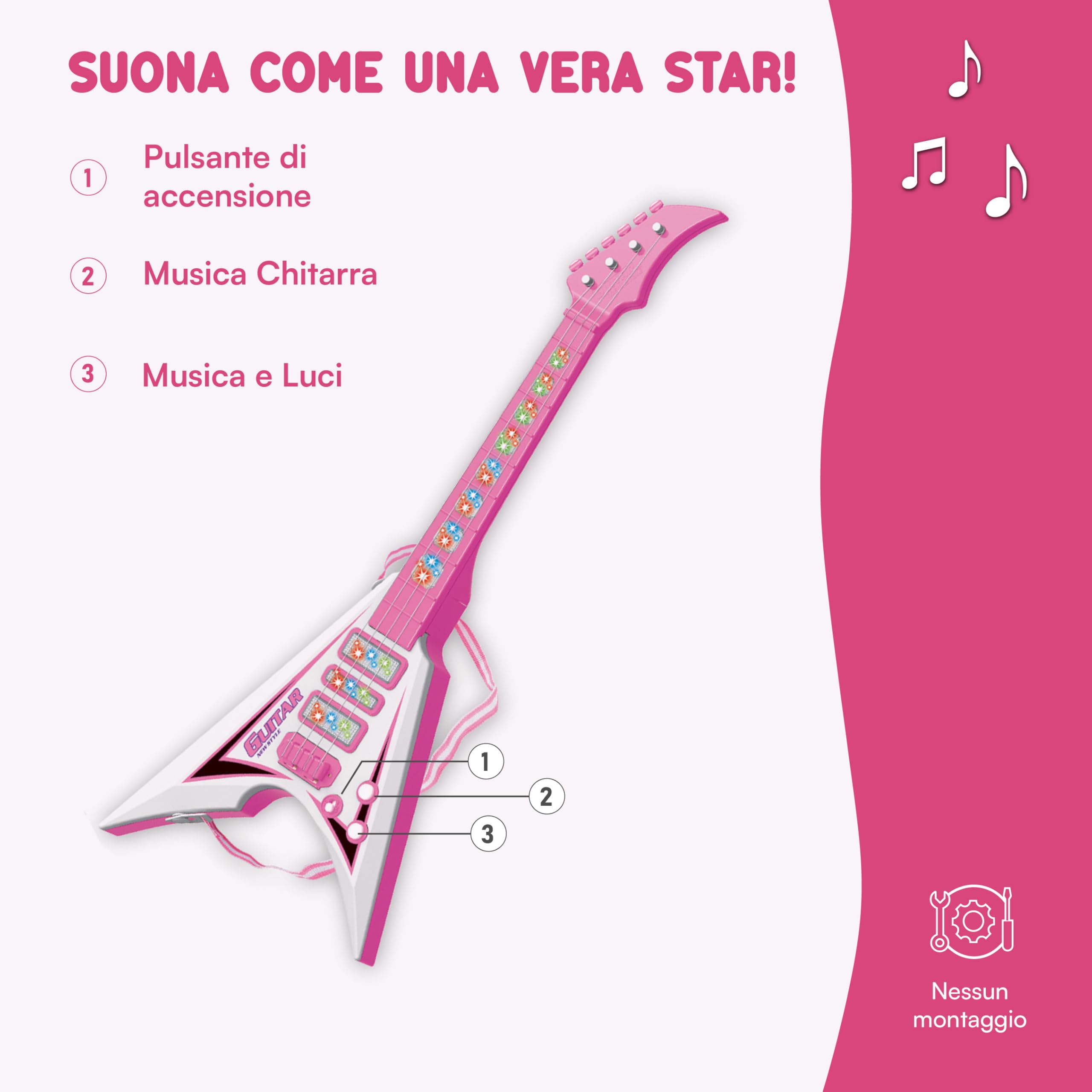 Baroni Toys Chitarra per Bambin e Bambini, 3+ Anni con Luci, Giocattolo Musicale con Effetti Sonori e Luminosi, Chitarra Elettrica Musicisti, Rosa, 22x5.5x55cm