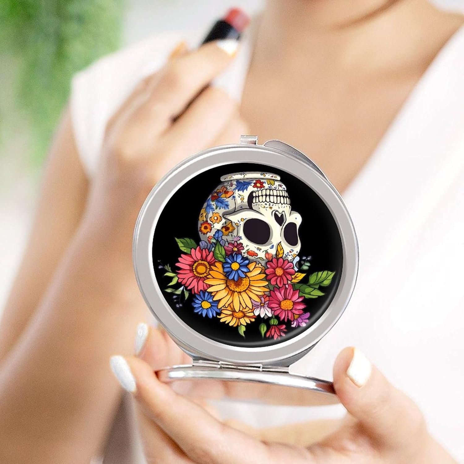 Flower Skull Compact Makeup Mirror Mini Foldable Cosmetic Mirror Portable Travel Mirror for Purse Pocket