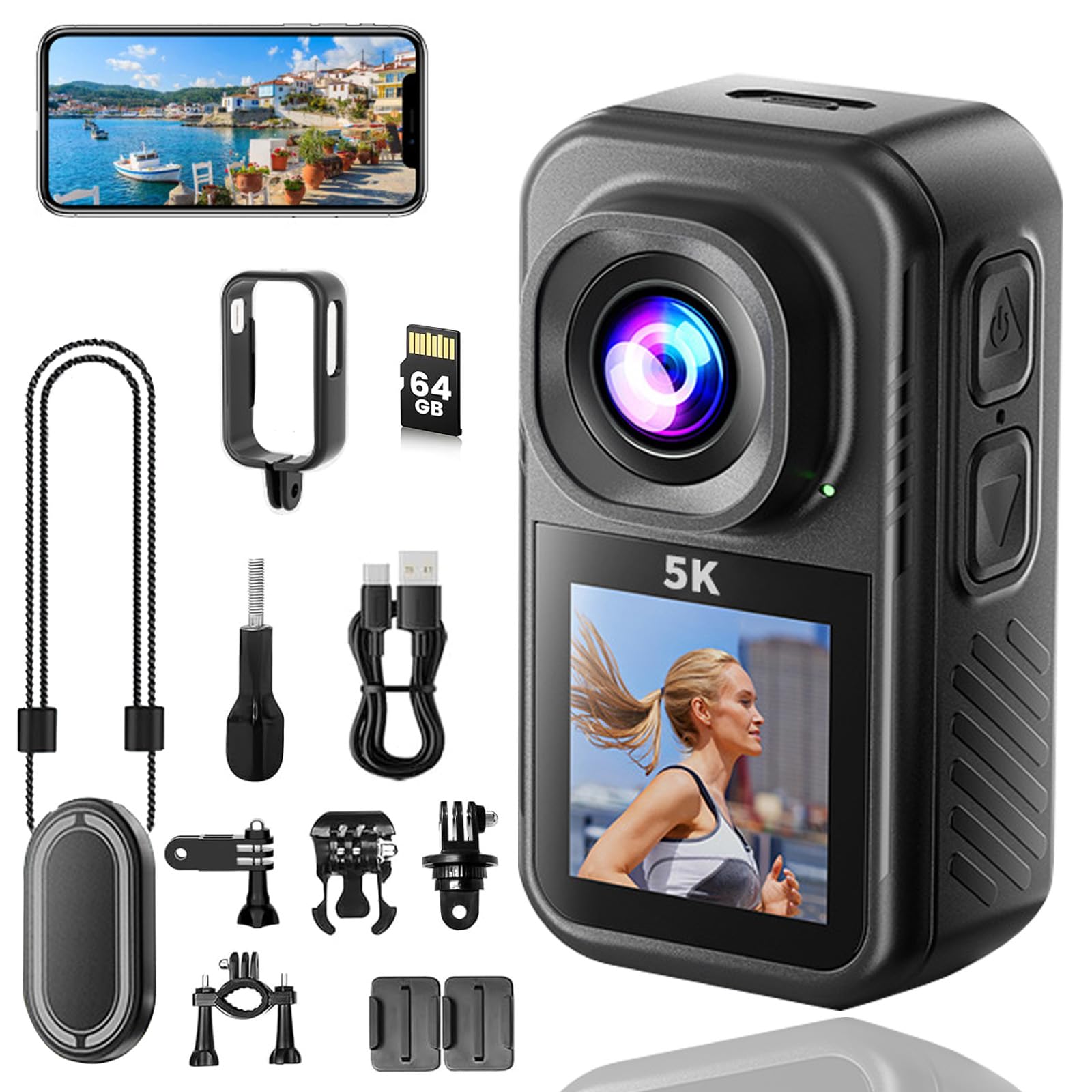 Action Cam 5K, Mini Action Cam con Tarjeta de 64GB, Videocámara Deportiva WiFi de 130°, Cámara Deportiva para Aventura, Cámara Deportiva para Ciclismo, Vlogging y Viajes