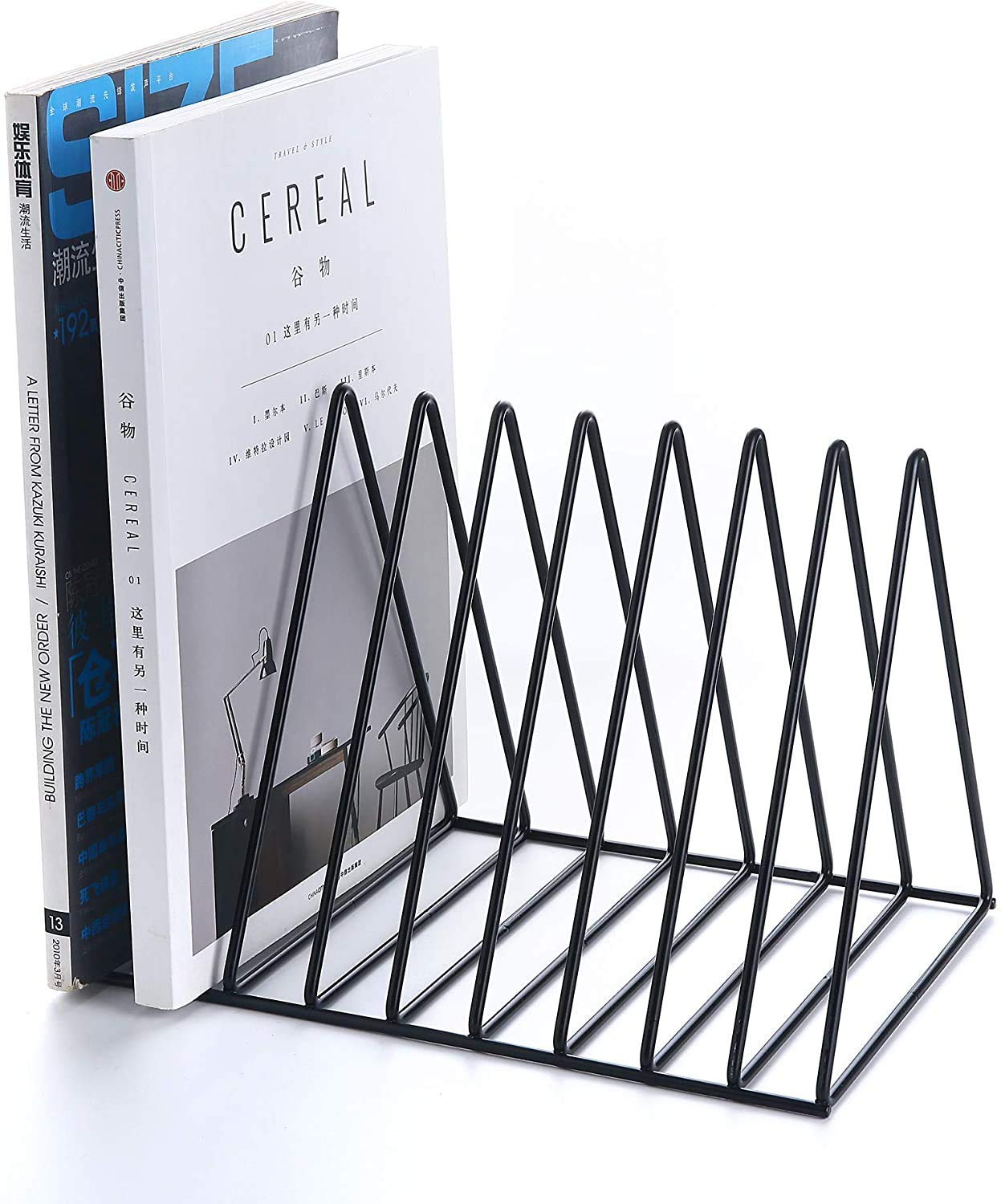 KAZMI ARTS Triangle Magazine Rack Desktop Iron Bookshelf Simple Magazine Storage Rack Metal Wire Book Stand Triangle Black-image-1