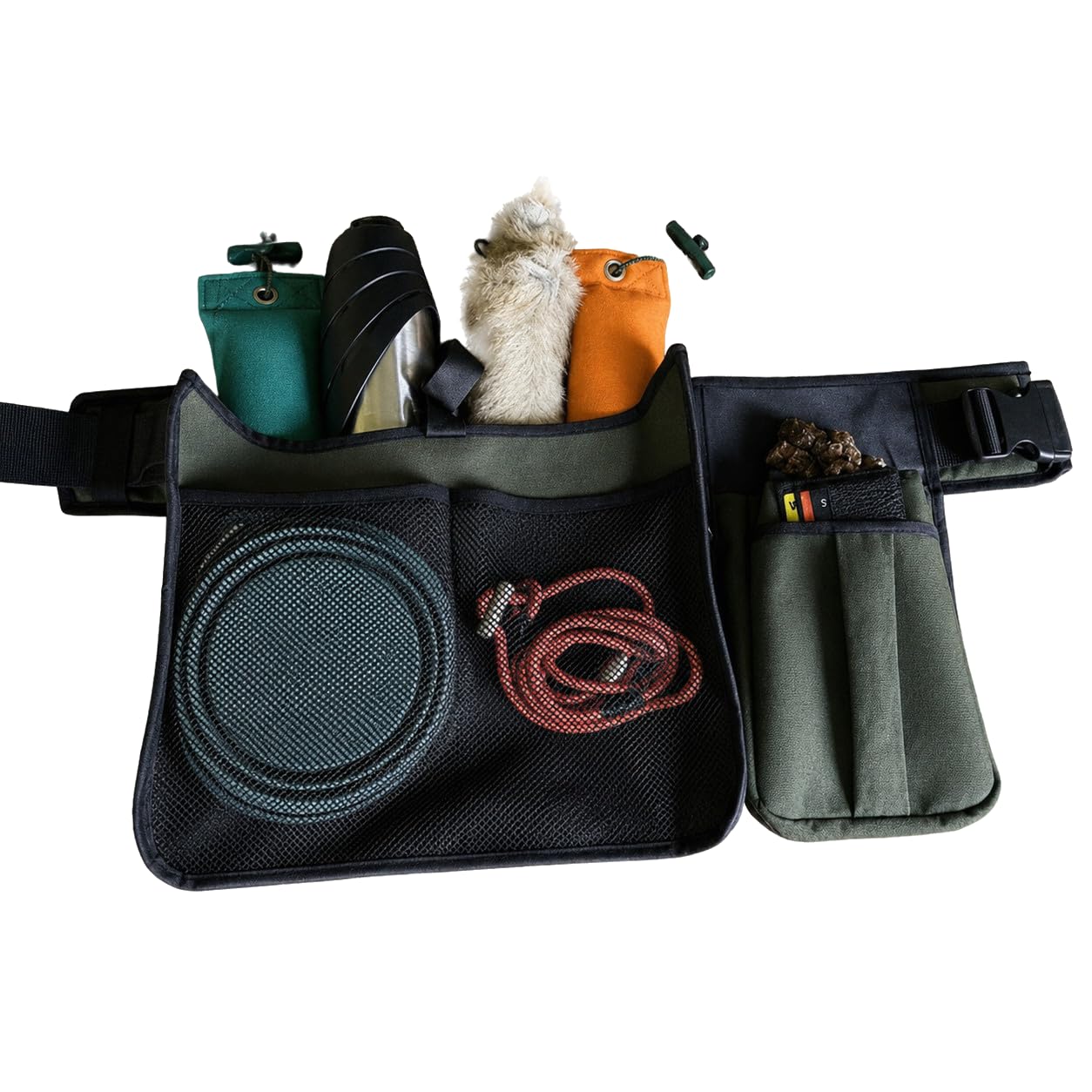 Romneys Trainingsgürtel für Dummytraining, Retrievertraining und Jagdhundetraining, Verstellbarer Hüftgürtel mit 2 Taschen, D-Ringen und Netztasche, Alternative zur Dummyweste, Oliv