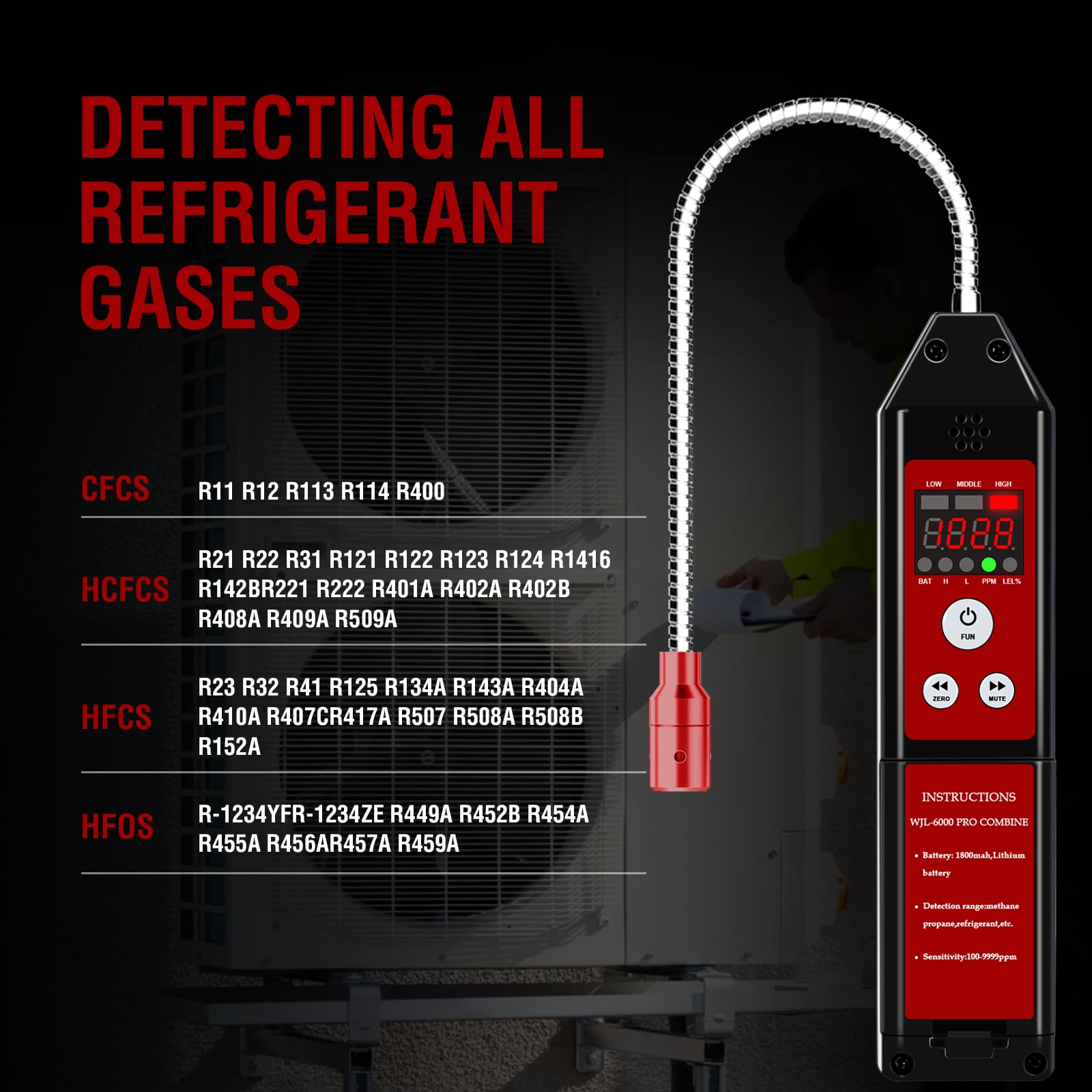 WJL-6000 PRO REFRIGERANT Detector de fugas de refrigerante, Detector de fugas de halógeno HVAC,Detector de Fugas de Gas,Comprobador de gas portátil con alarma de pantalla LED R32 R454B R134a R410a (1)