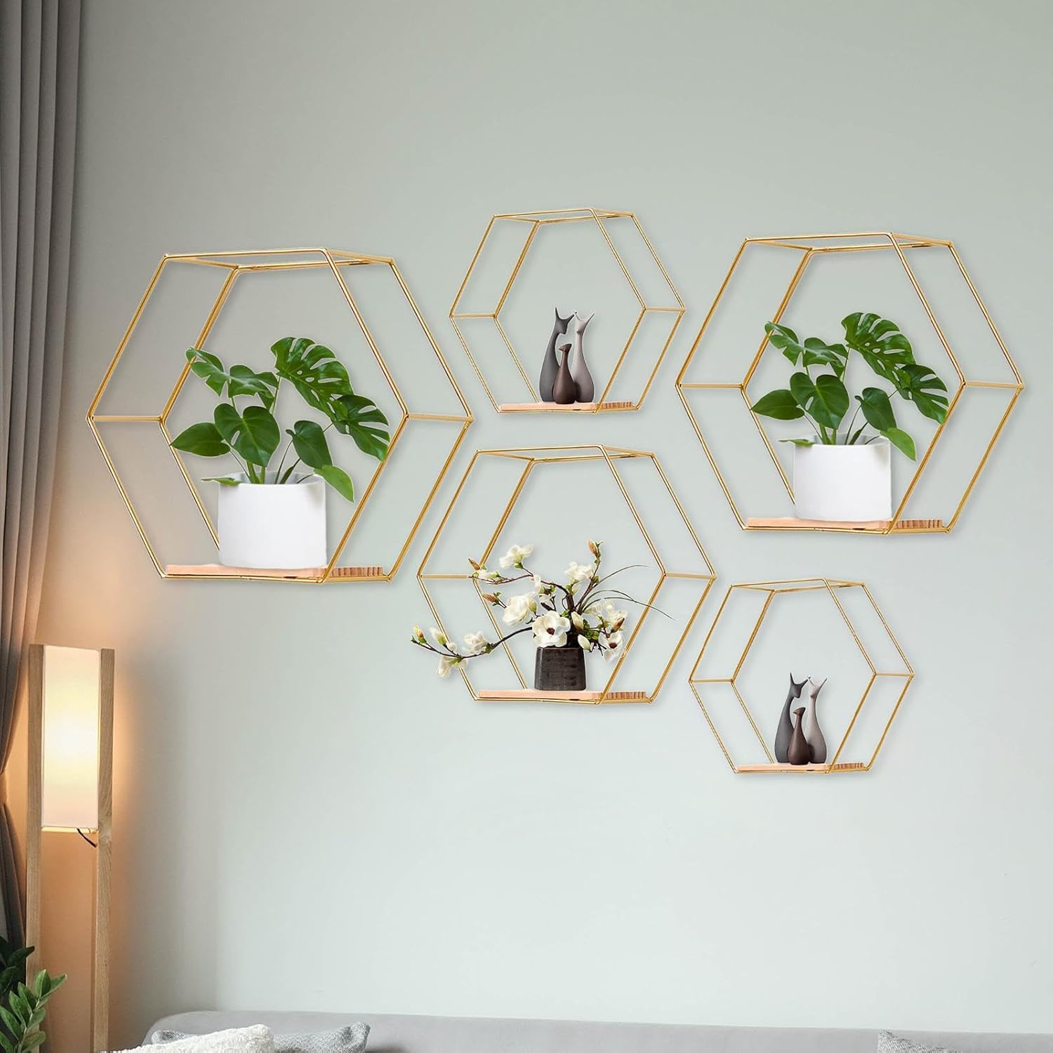 5X Hexagon Iron Wall Mount Shelves Floating Shelf Holder Bedroom Modern Kitchen Organizer for Picture Small Plants Displaying, Golden