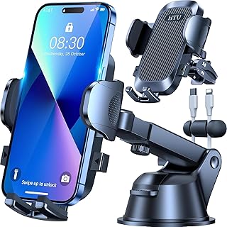 Military Class: 4-in-1 Mobile Phone Holder Car 【Strong Suction Cup & Clip】Suspension Capacity 36 kg 360° Rotatable Universal Car Mount for iPhone 16 Pro Max 15 14 13 Samsung Galaxy S24 etc., Pale