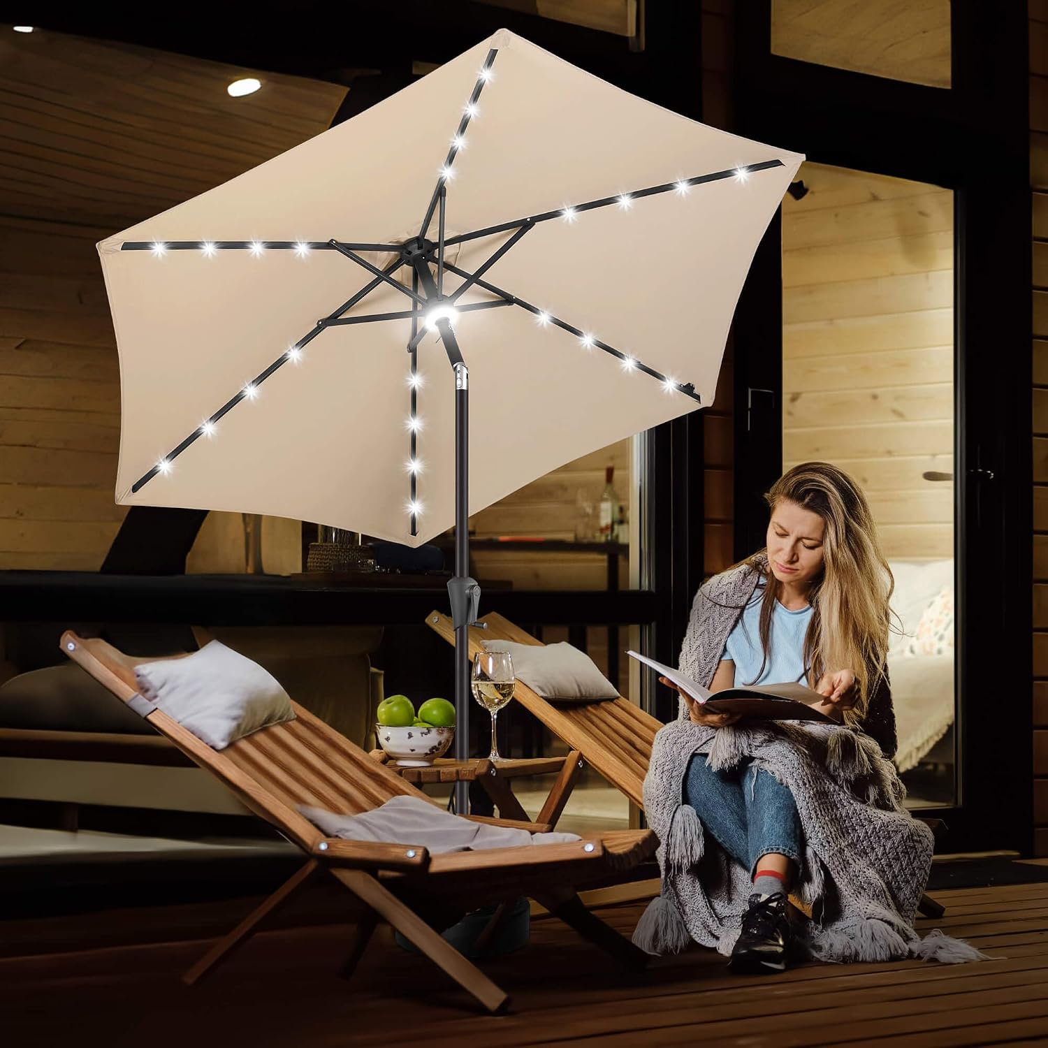 FLAME&SHADE 7.5 FT Solar Light Patio Umbrella, 24 LED Lights Outdoor Umbrella with Centre Surround Light, Table Umbrella Outdoor Patio for Deck, Pool, Backyard, Garden, UV Protection (Beige)