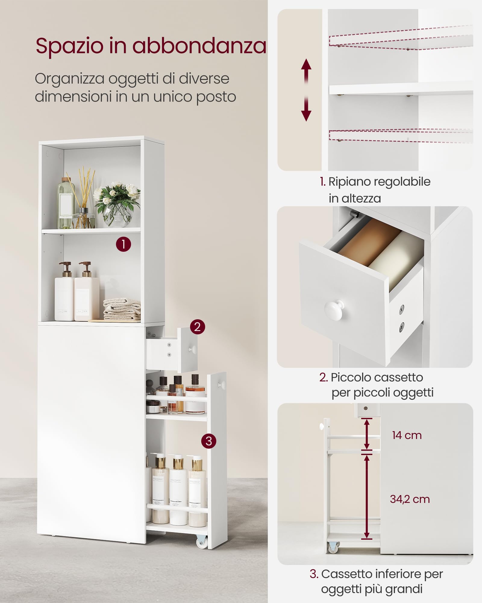 VASAGLE Mobile Bagno Alto, Mobiletto Bagno a Colonna con Cassetti e Ripiano Regolabile, per Spazi Piccoli, Stile Moderno, Bianco Classico BBK567T14