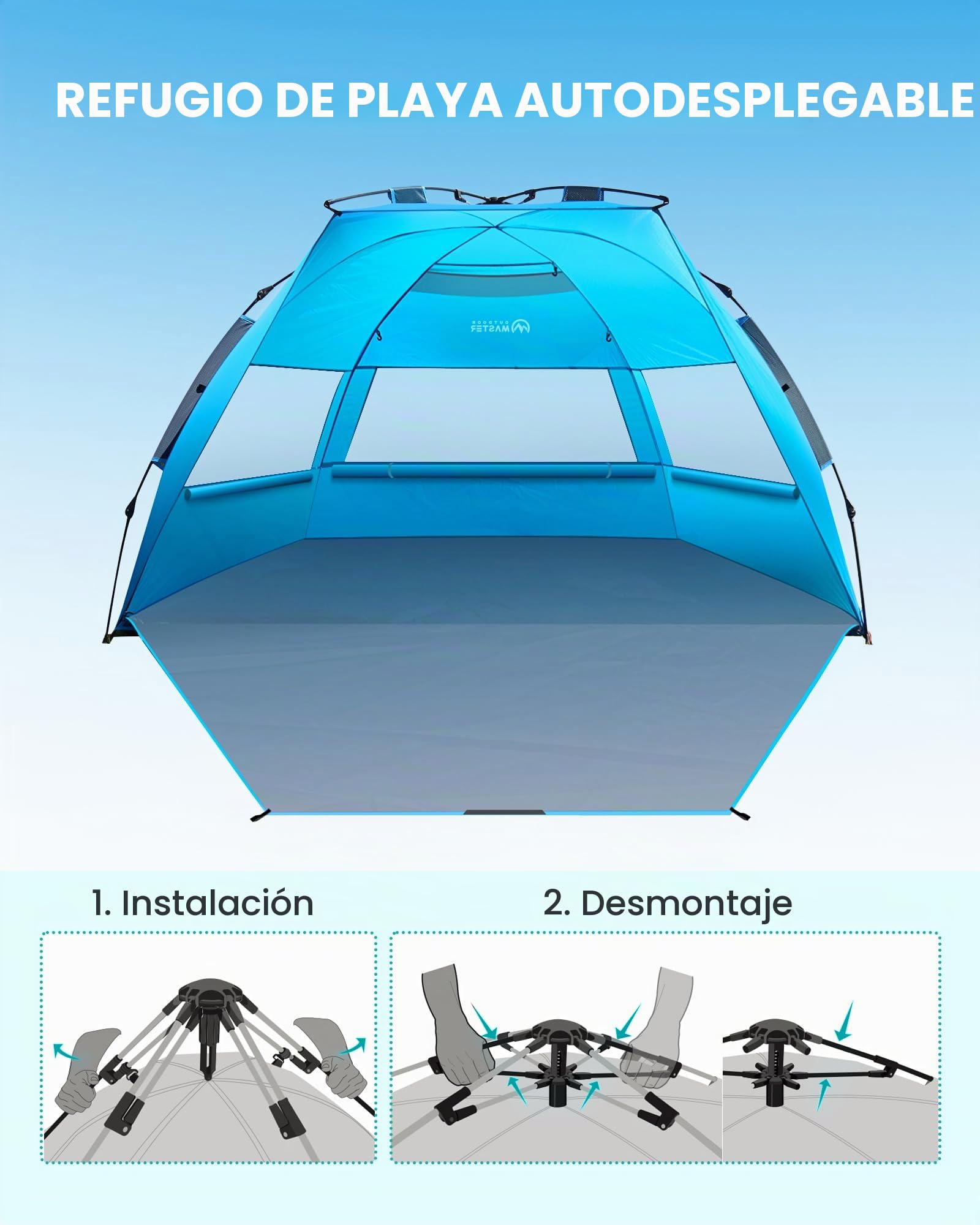 OutdoorMaster Tienda de campaña de Playa desplegable para 3 a 4 Personas, tamaño XL, fácil de Instalar, toldo de Playa portátil, Plegable, con protección UV UPF 50+, tragaluz extraíble, tamaño