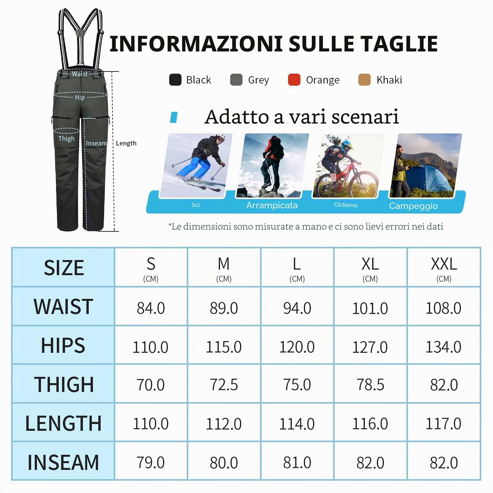 Pioneer Camp Pantaloni da sci e snowboard da uomo, impermeabili, isolanti, antineve, con cinghie rimovibili, per l'inverno, Nero, L